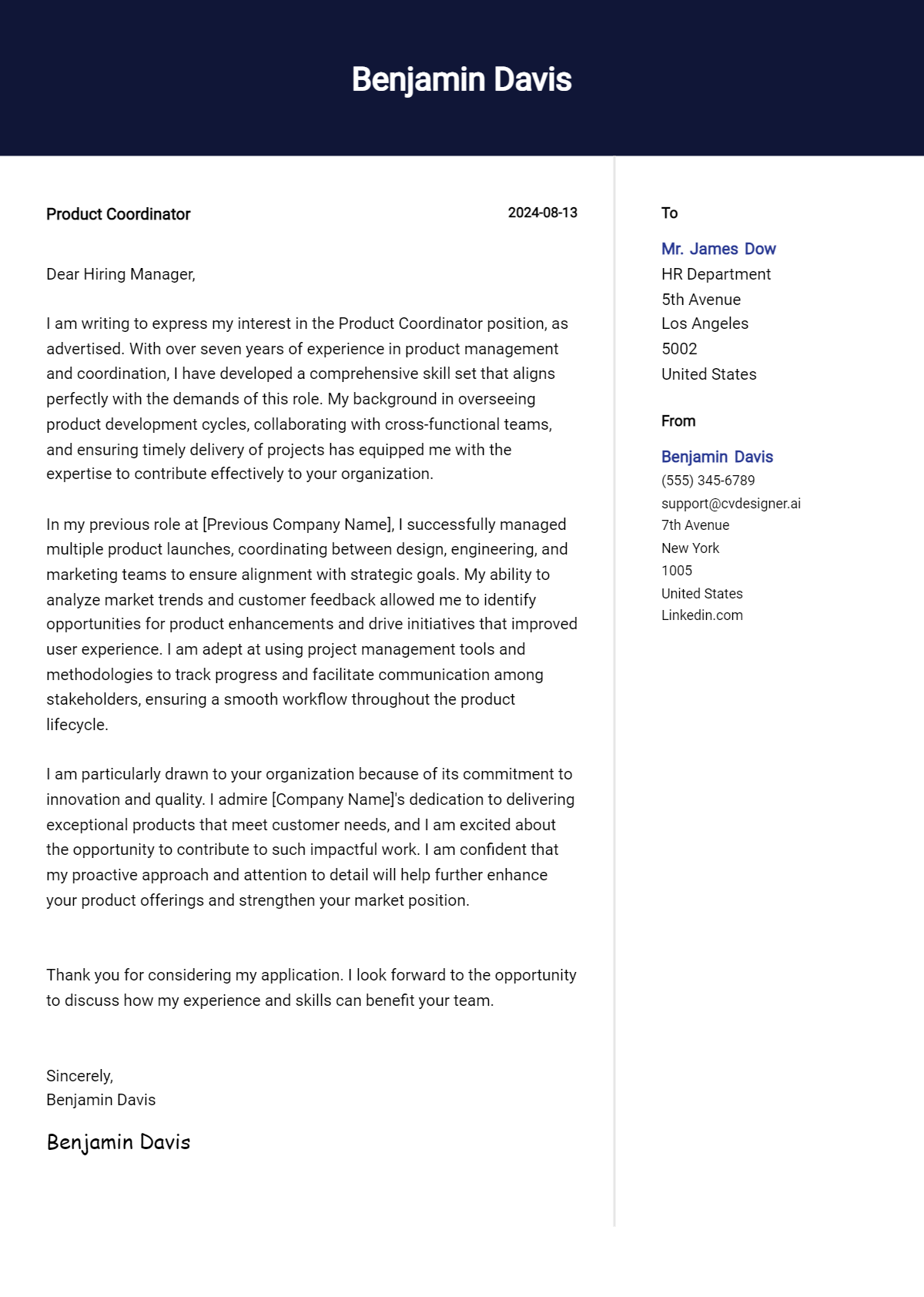Product Coordinator Cover Letter Example for 2026 (Writing Guide) Preview