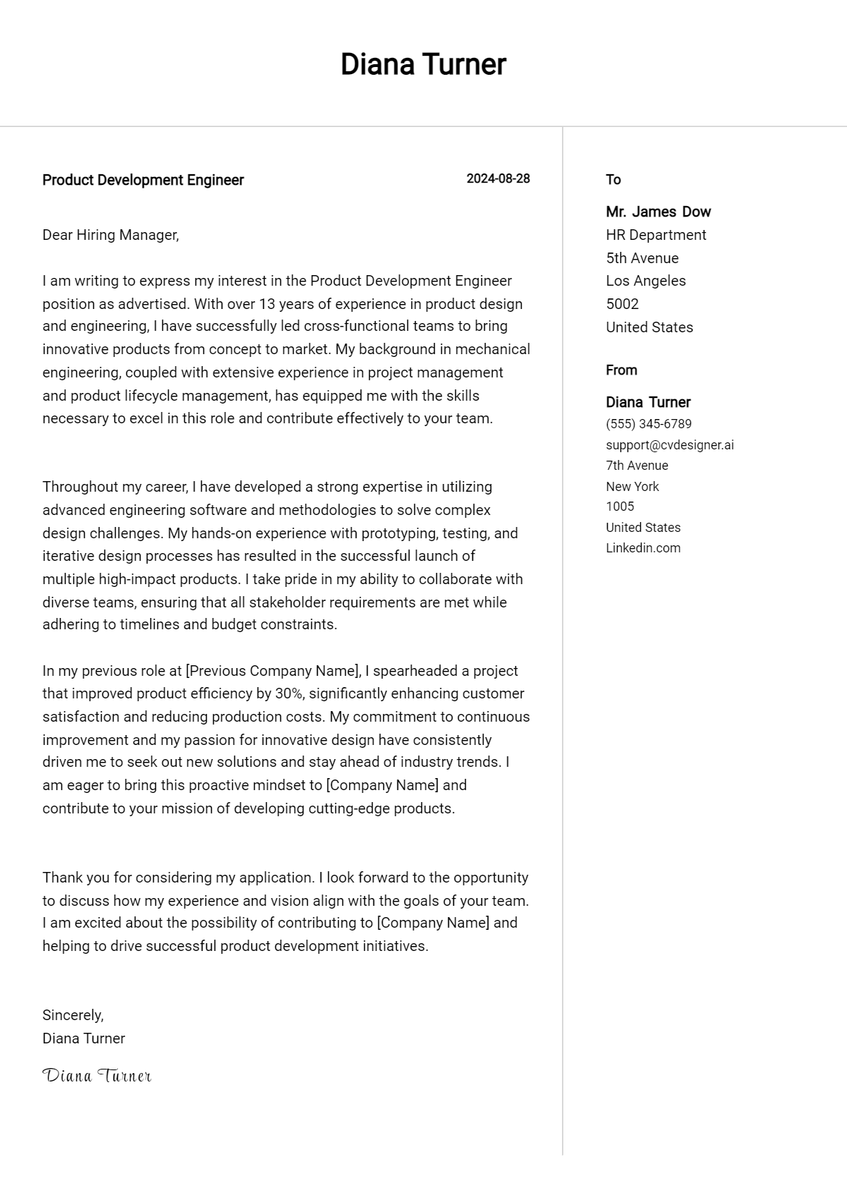 Product Development Engineer Cover Letter Samples & Examples 2026 Preview