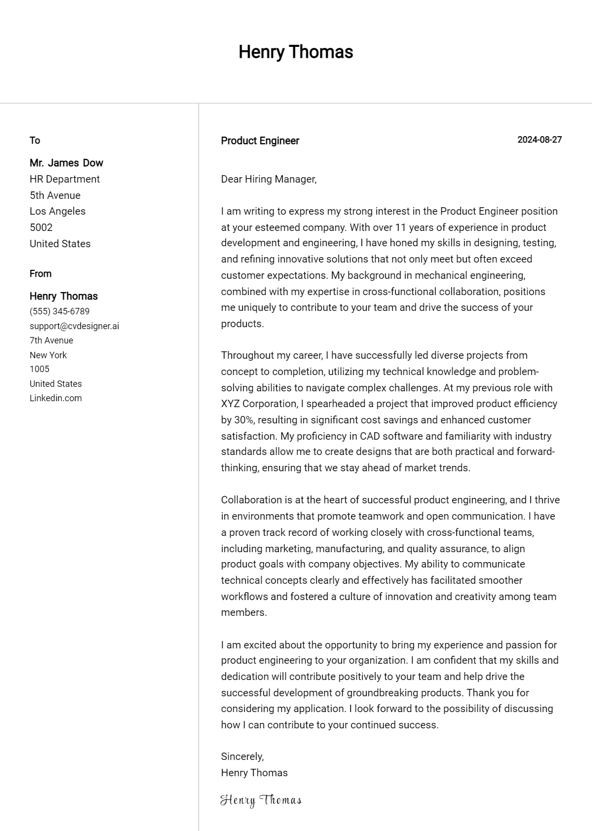 Product Engineer Cover Letter Example for 2026: Top CV Skills Preview