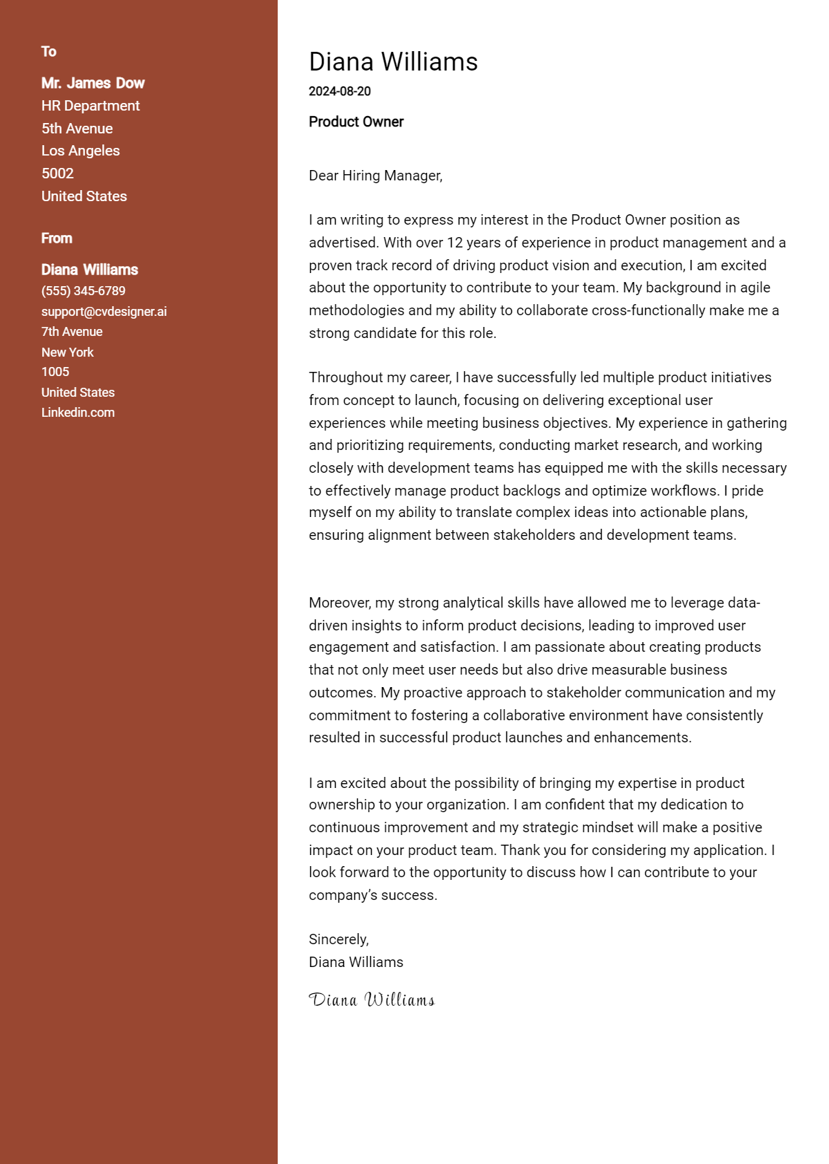 Product Owner Cover Letter Example for 2026: Top CV Skills Preview