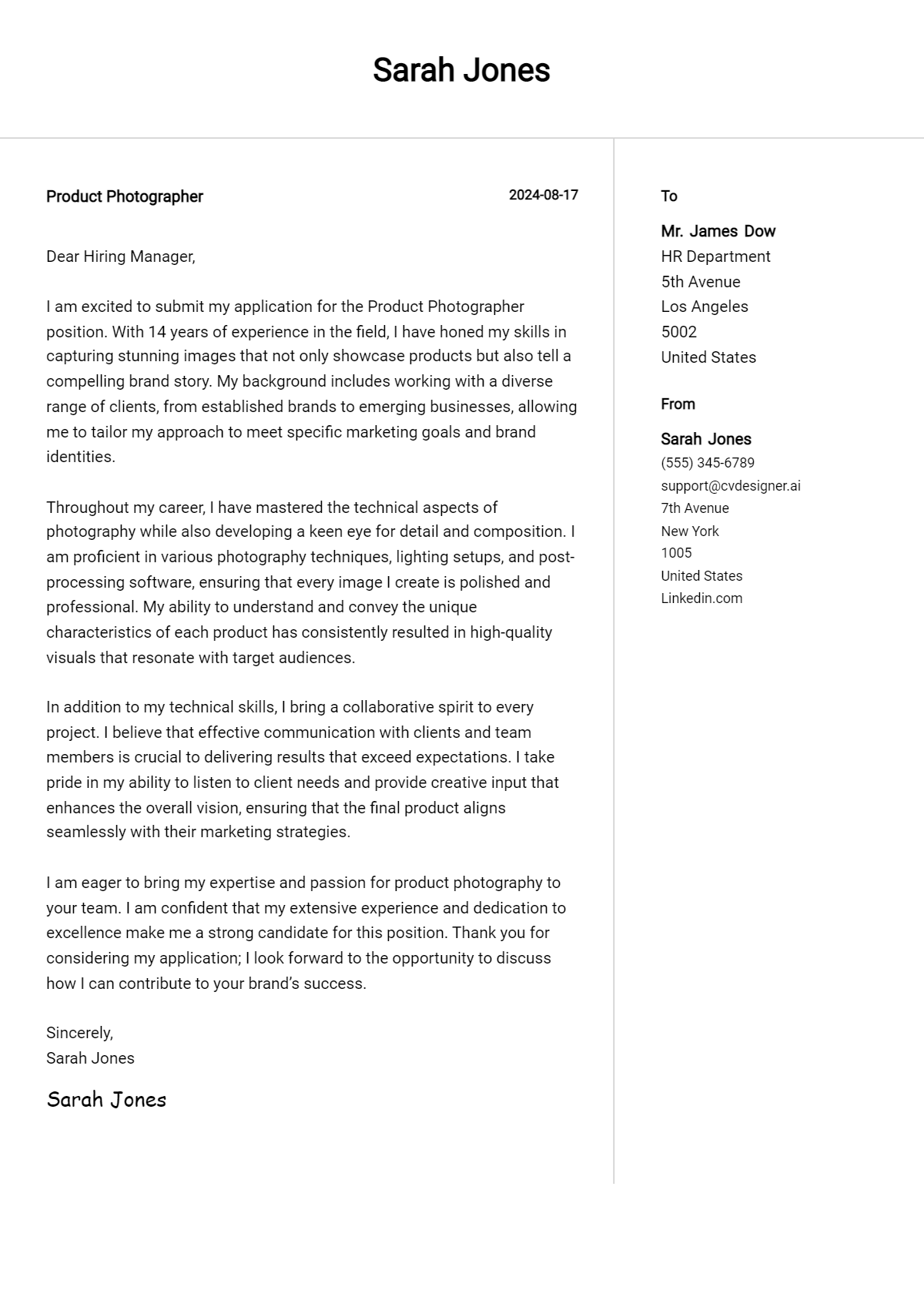 Product Photographer Cover Letter Example for 2026: Top CV Skills Preview