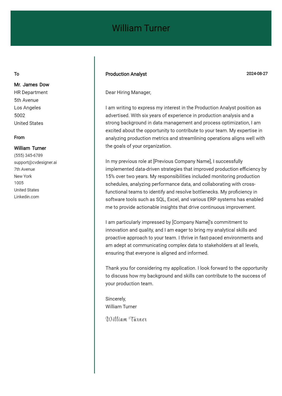 Production Analyst Cover Letter Examples with Writing Tips for 2026 Preview