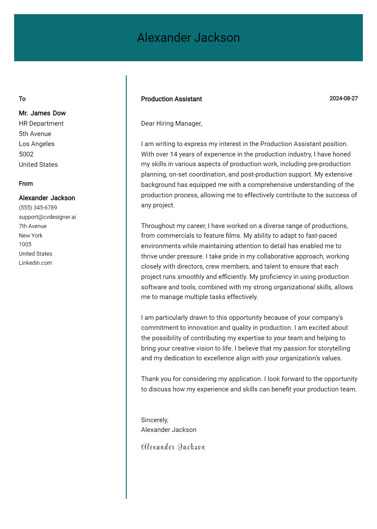 Production Assistant Cover Letter Example for 2026 (Complete Writing Guide) Preview