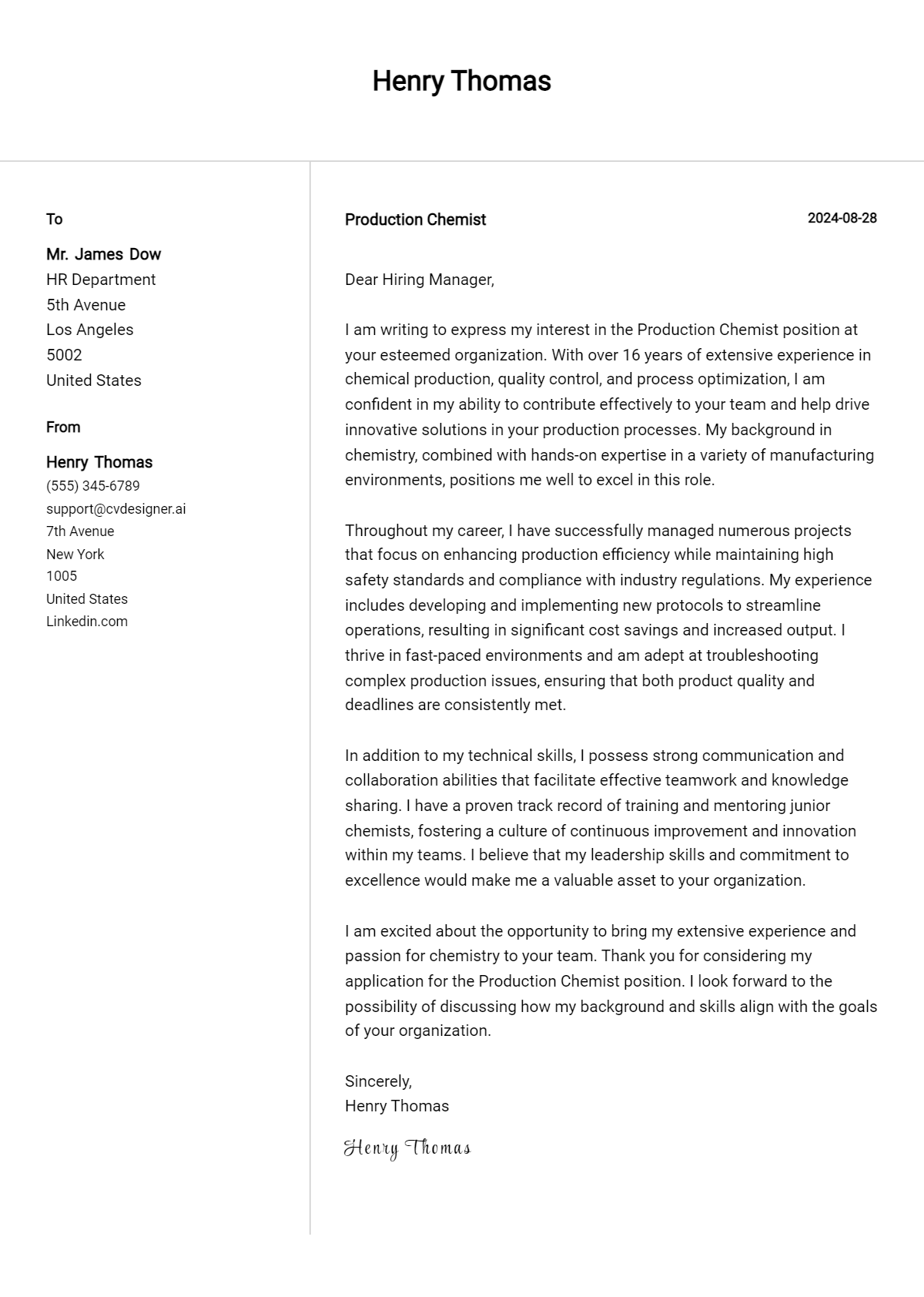 Production Chemist Cover Letter Examples & Samples for 2026 Preview