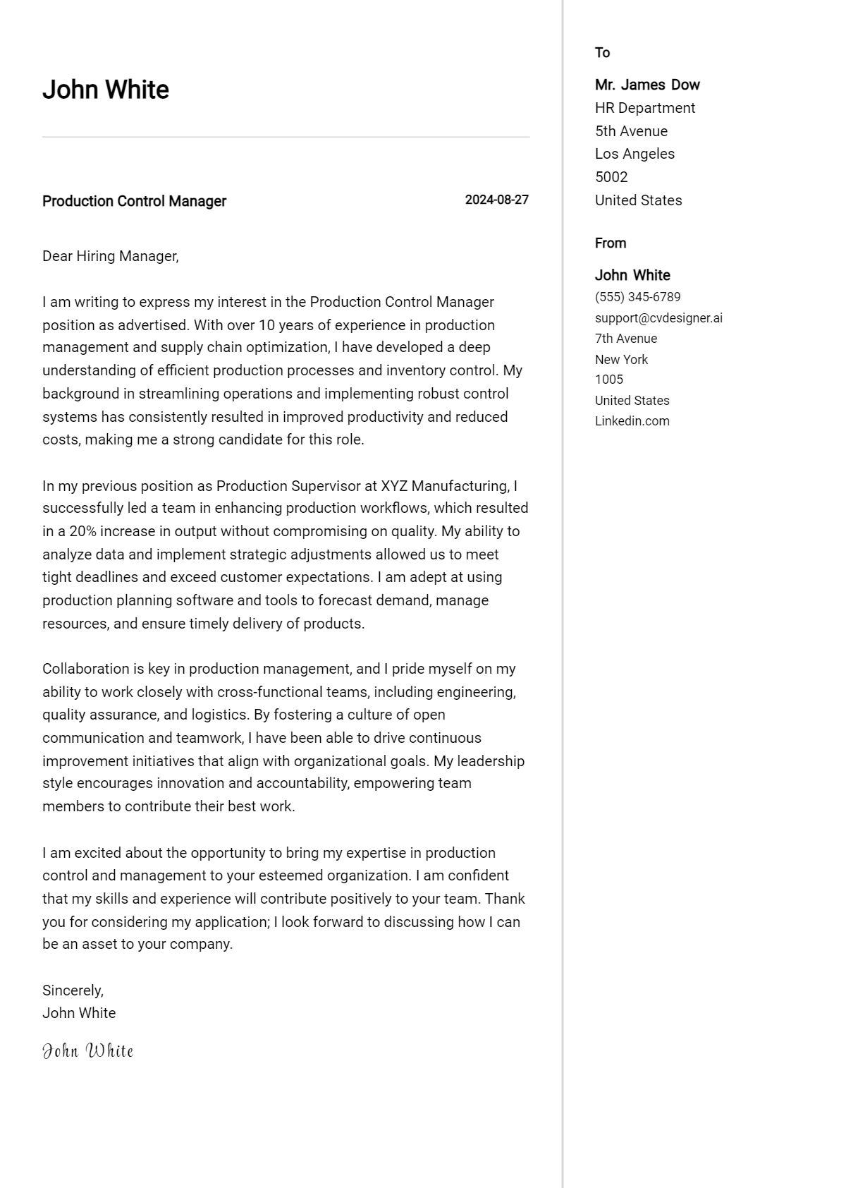 Production Control Manager Cover Letter Example for 2026 (Free Templates) Preview