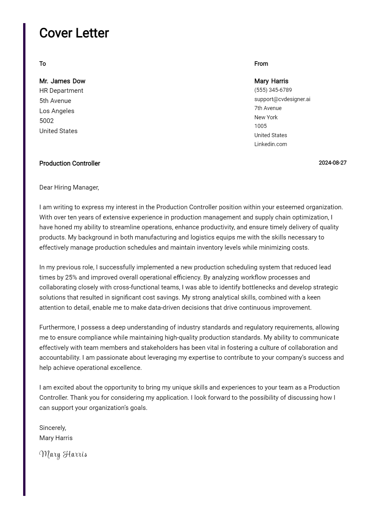 Production Controller Cover Letter Examples and Templates for 2026 Preview