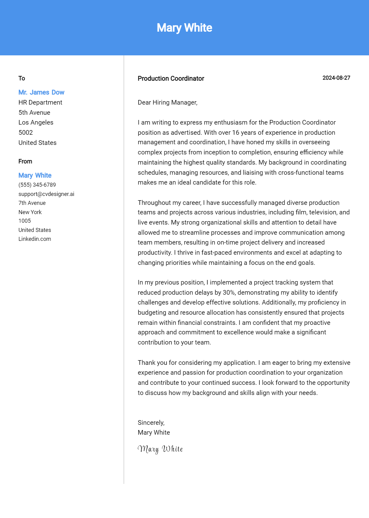 Production Coordinator Cover Letter Example for 2026 (Complete Writing Guide) Preview
