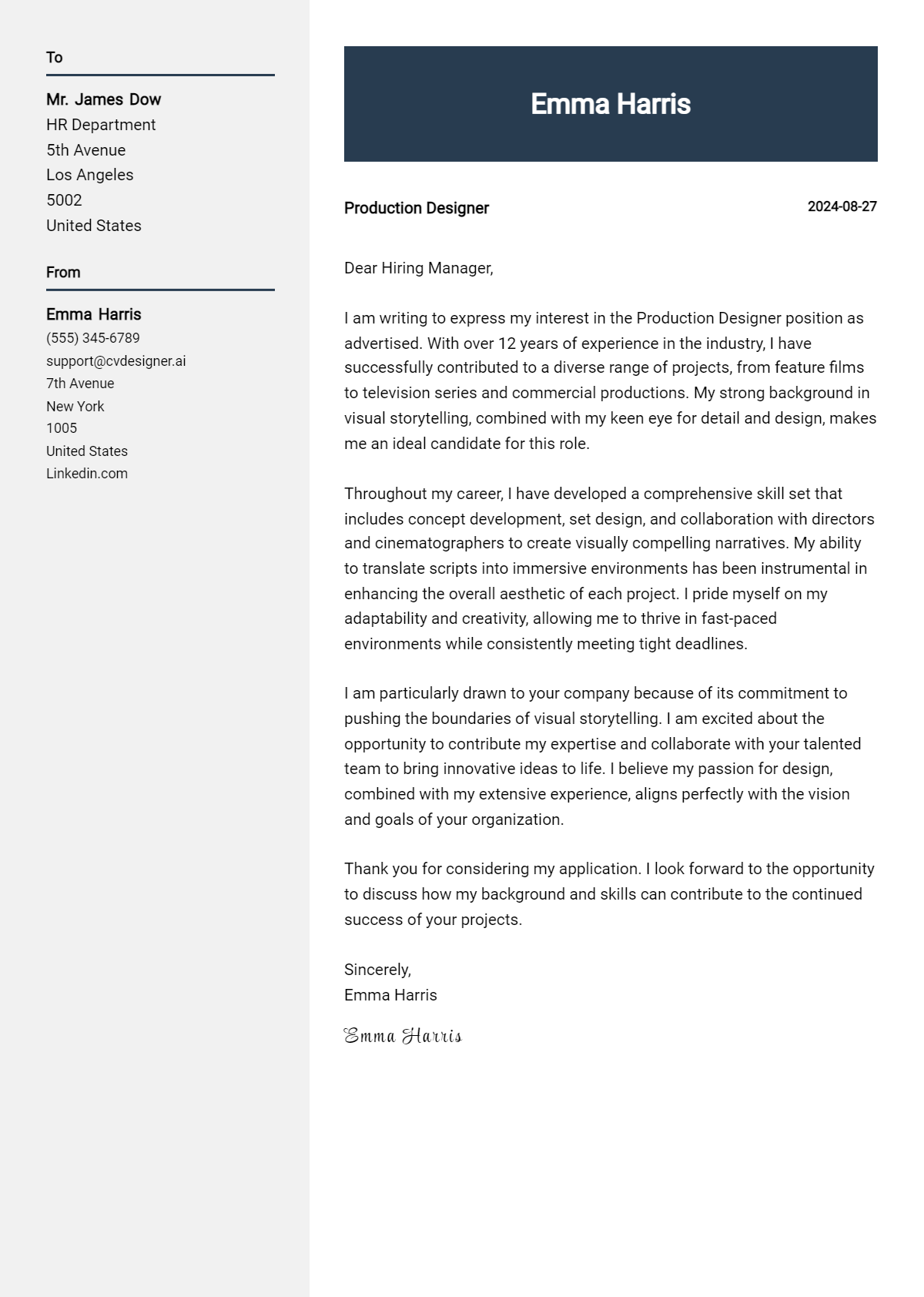 Production Designer Cover Letter Example for 2026 (Download Templates) Preview