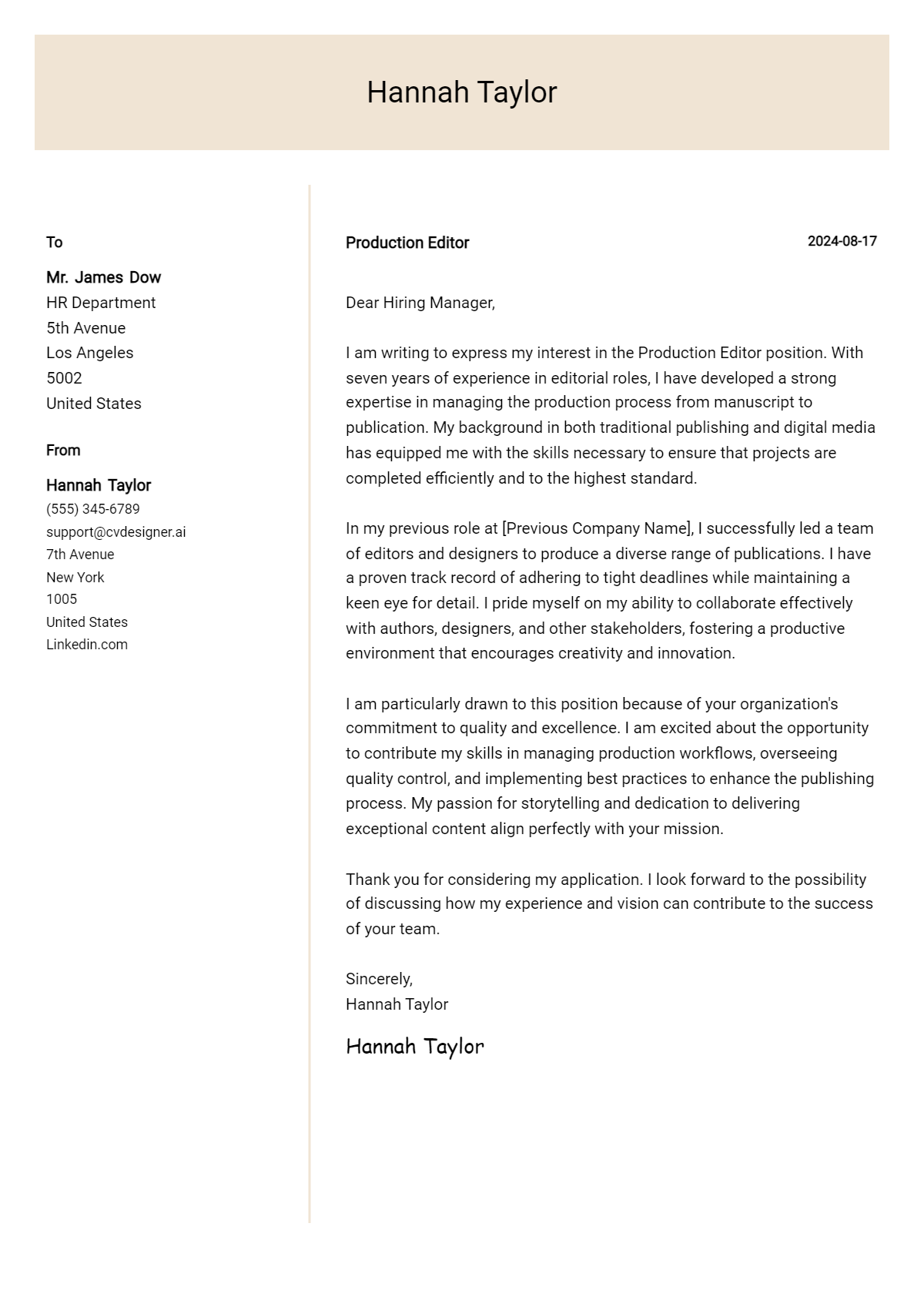 Production Editor Cover Letter Example for 2026: Top CV Skills Preview