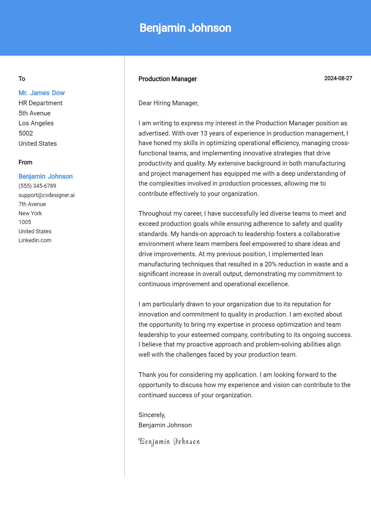 Production Manager Cover Letter Example for 2026 (Download Templates) Preview