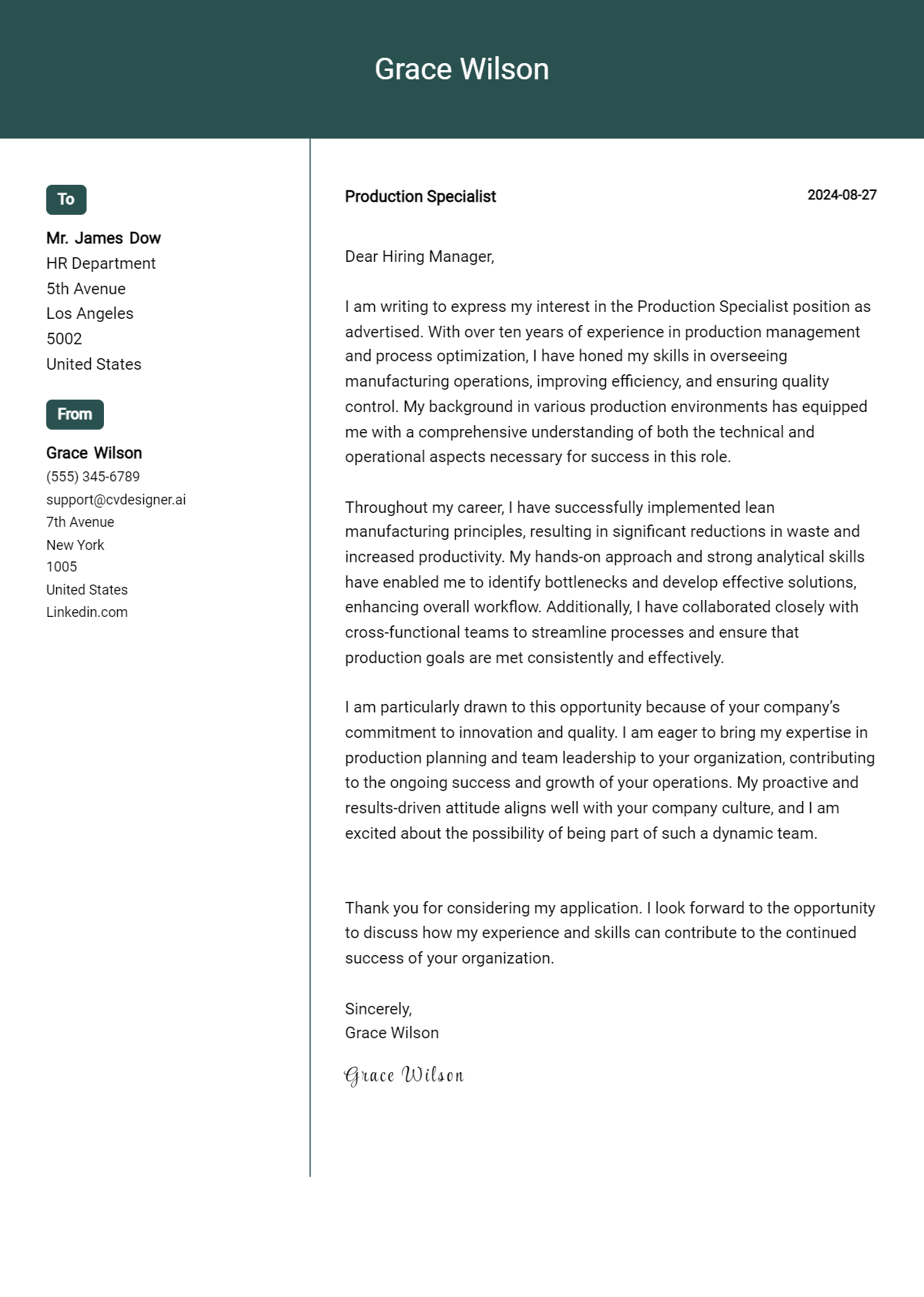 Production Specialist Cover Letter Examples & Samples for 2026 Preview