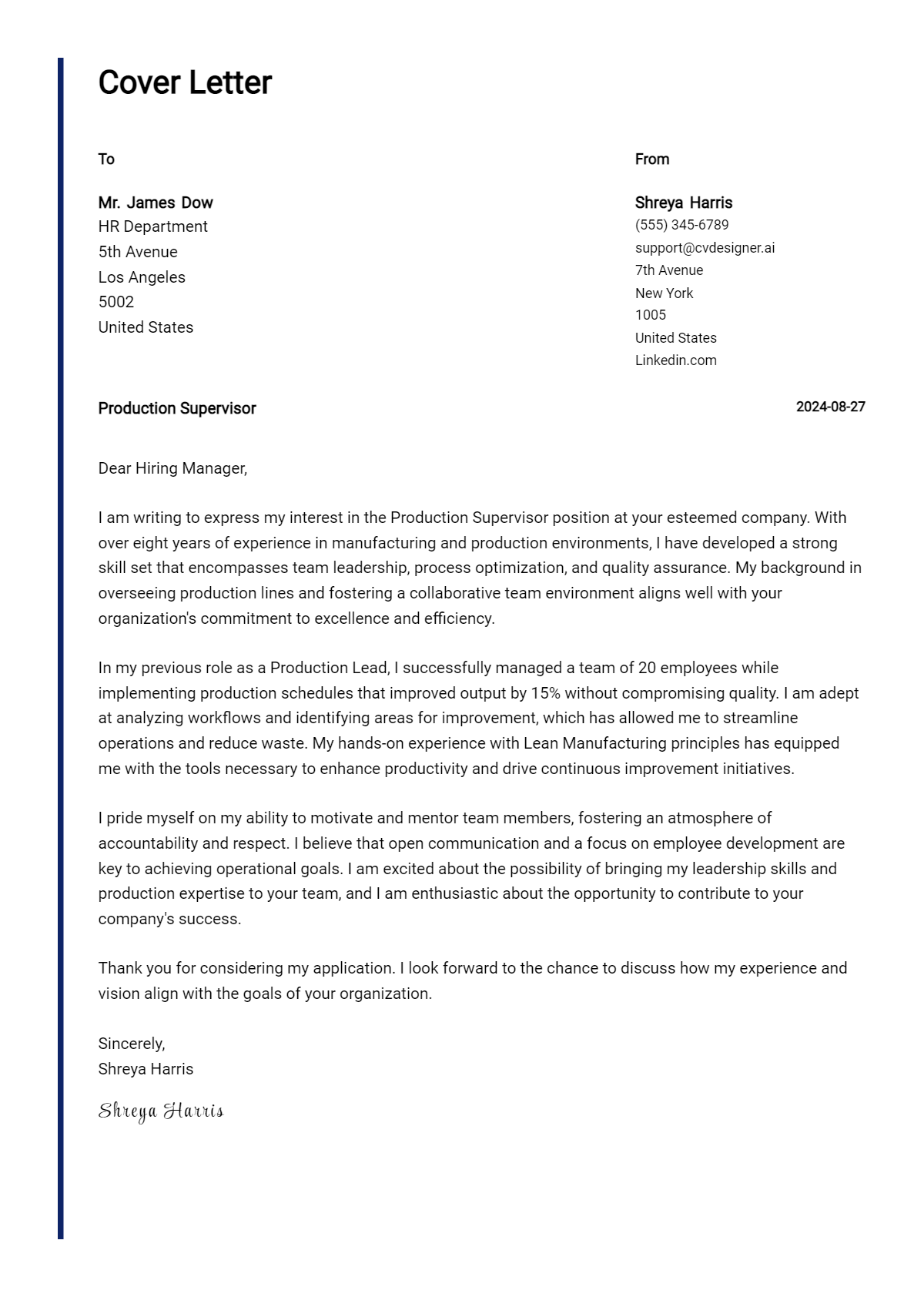 Production Supervisor Cover Letter Example for 2026 (Writing Guide) Preview