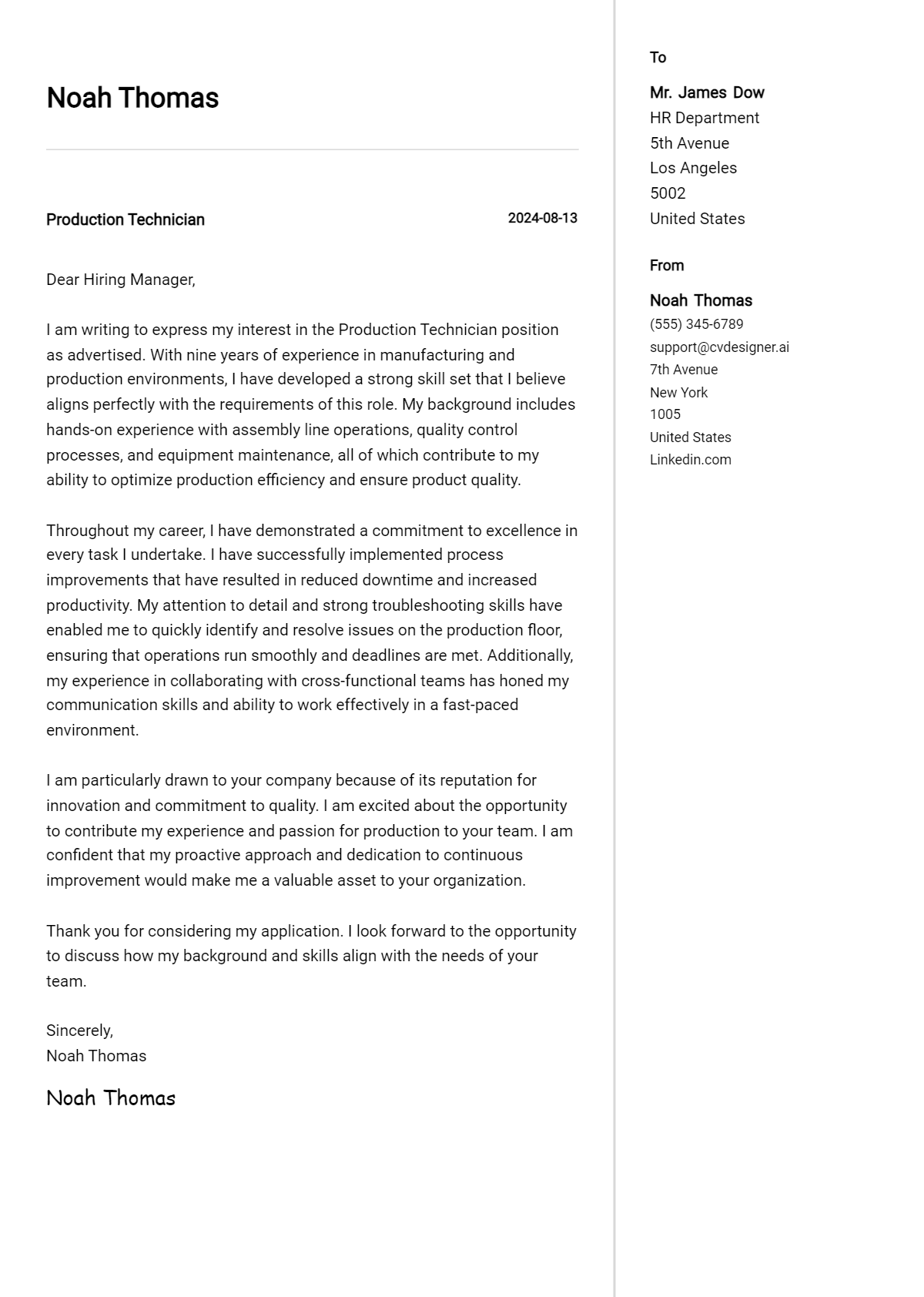 Production Technician Cover Letter Example for 2026: Proven Tips Preview