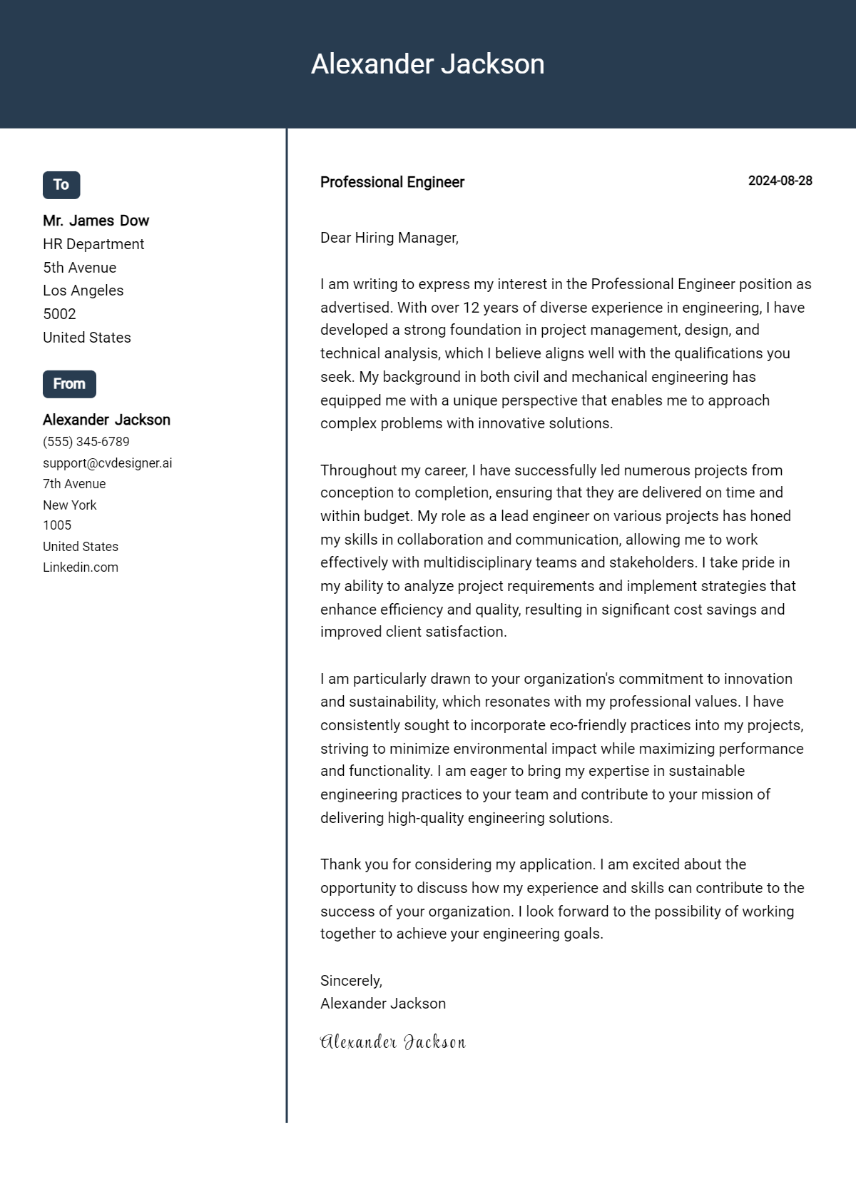 Professional Engineer Cover Letter Example for 2026 (Download Templates) Preview