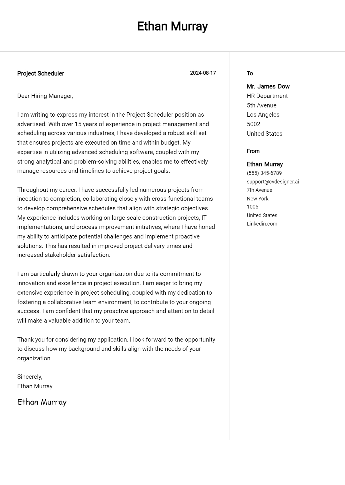 Project Scheduler Cover Letter Example for 2026 (Complete Writing Guide) Preview