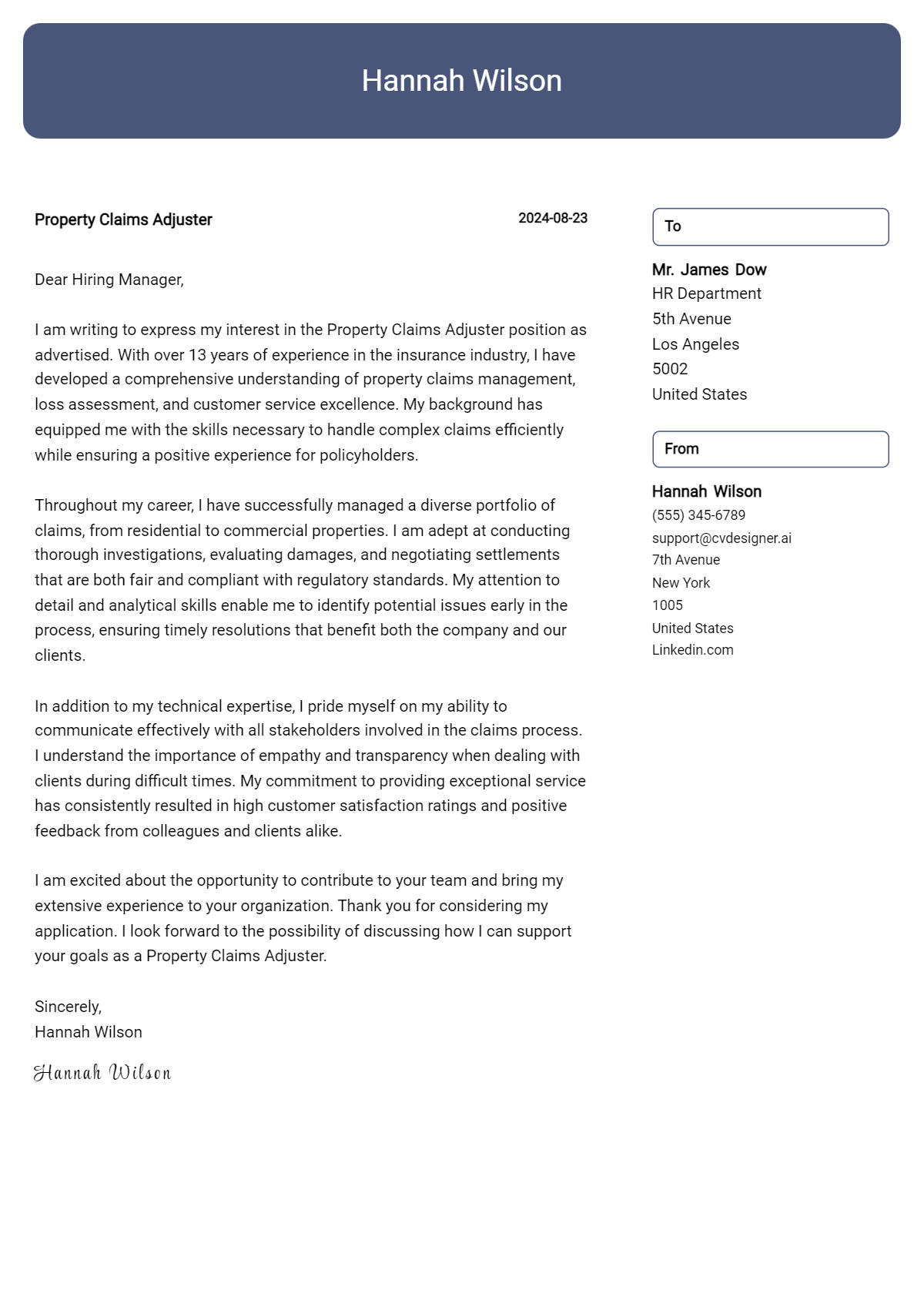 Property Claims Adjuster Cover Letter Samples & Examples 2026 Preview