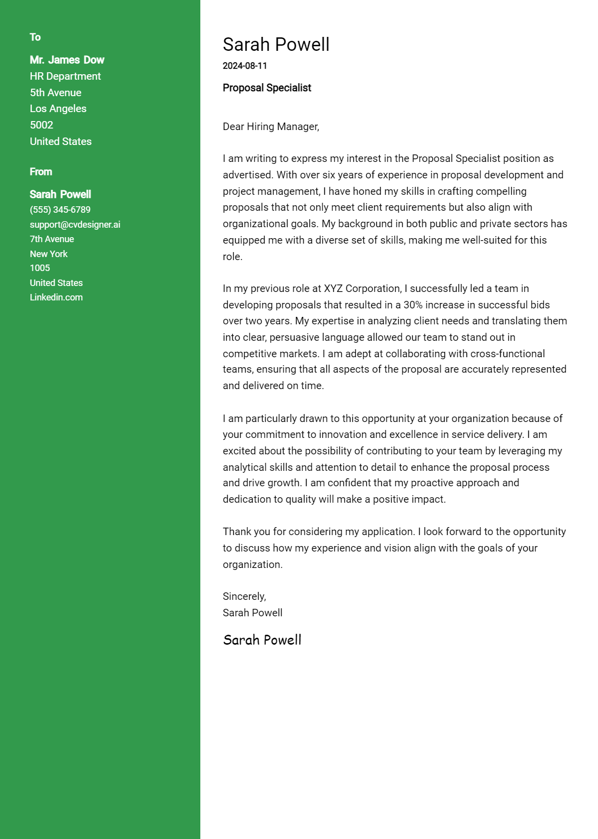 Proposal Specialist Cover Letter Example for 2026 (Free Templates) Preview