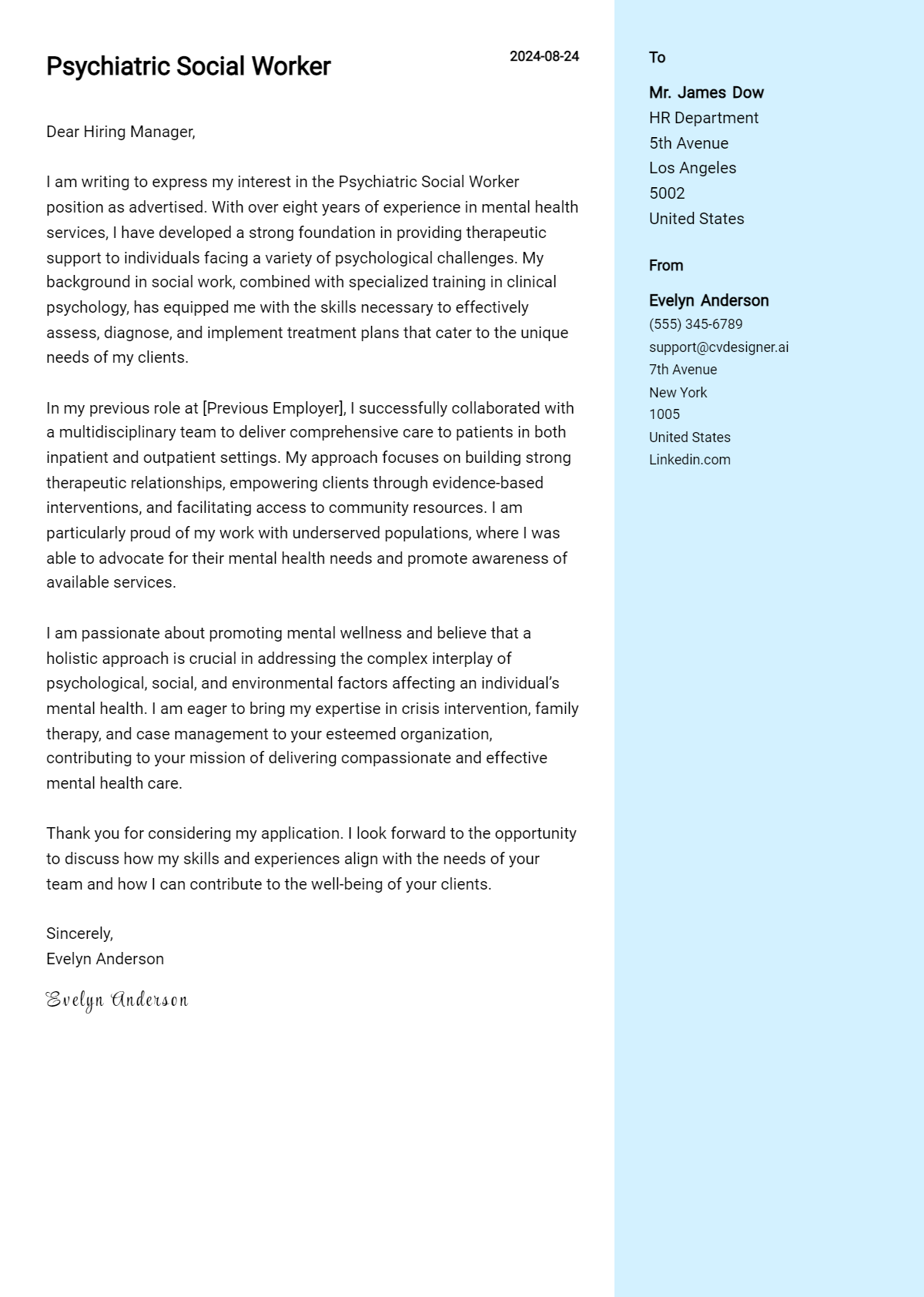Psychiatric Social Worker Cover Letter Example for 2026 (Download Templates) Preview