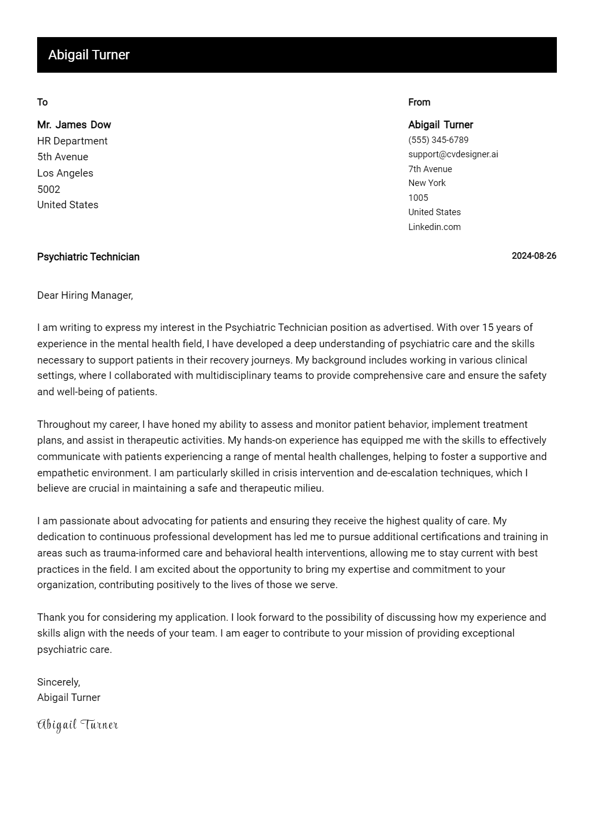 Psychiatric Technician Cover Letter Samples & Examples 2026 Preview