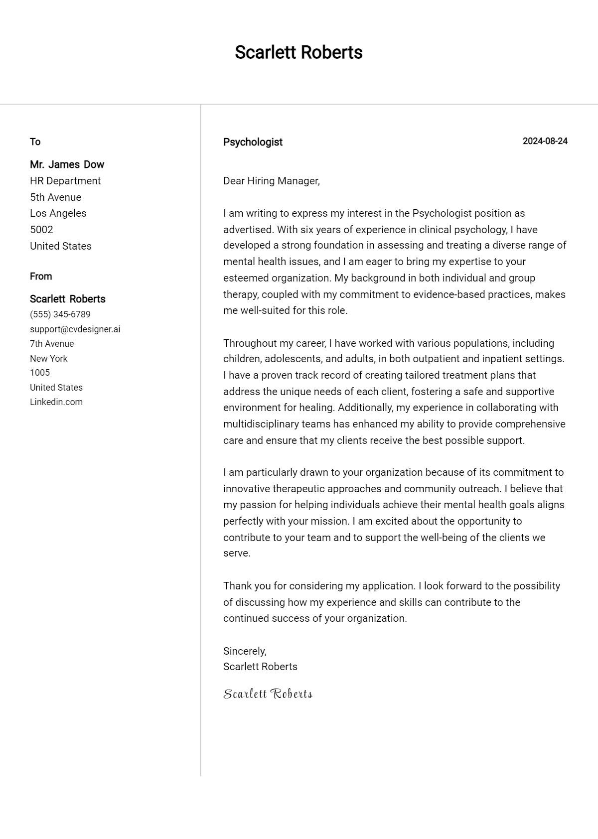 Psychologist Cover Letter Samples & Examples 2026 Preview