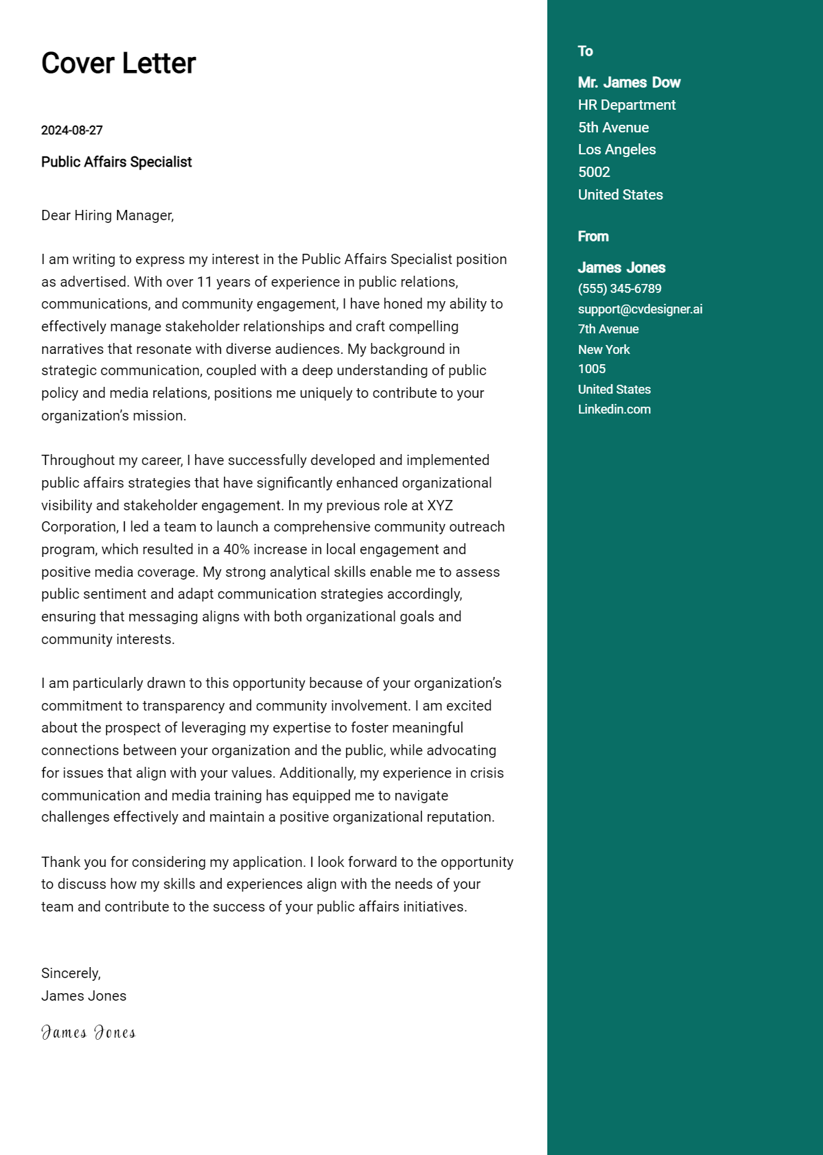 Public Affairs Specialist Cover Letter Example for 2026 (Download Templates) Preview