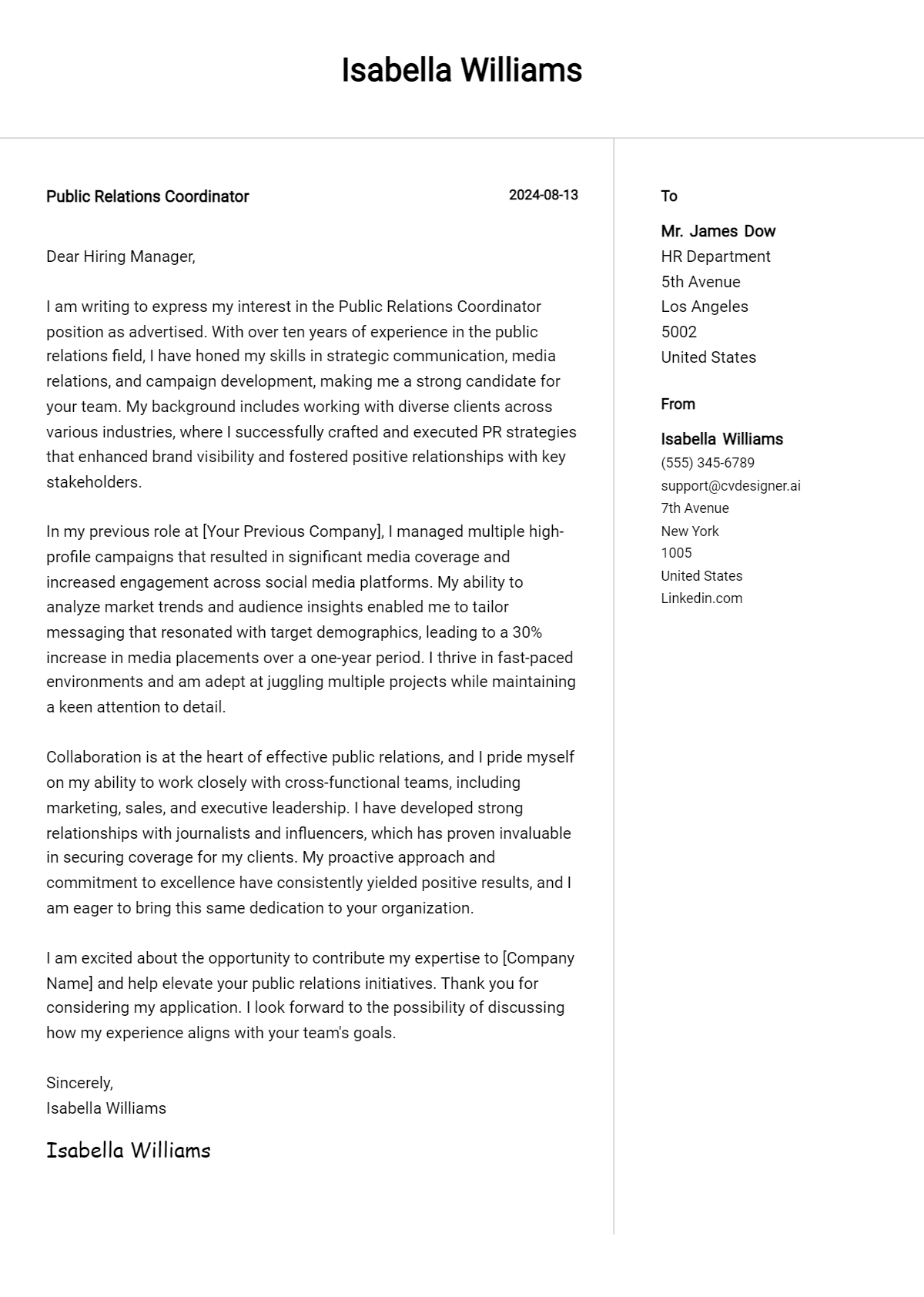 Public Relations Coordinator Cover Letter Example for 2026: Tips & Templates Preview