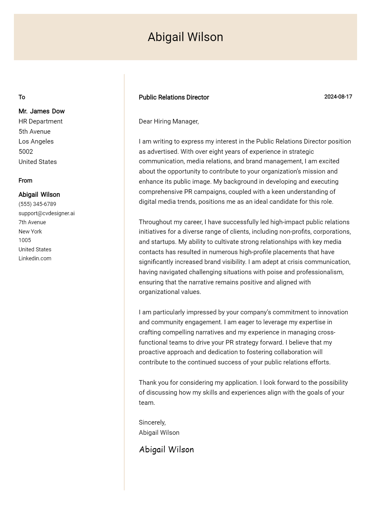 Public Relations Director Cover Letter Example for 2026: Free Templates Preview