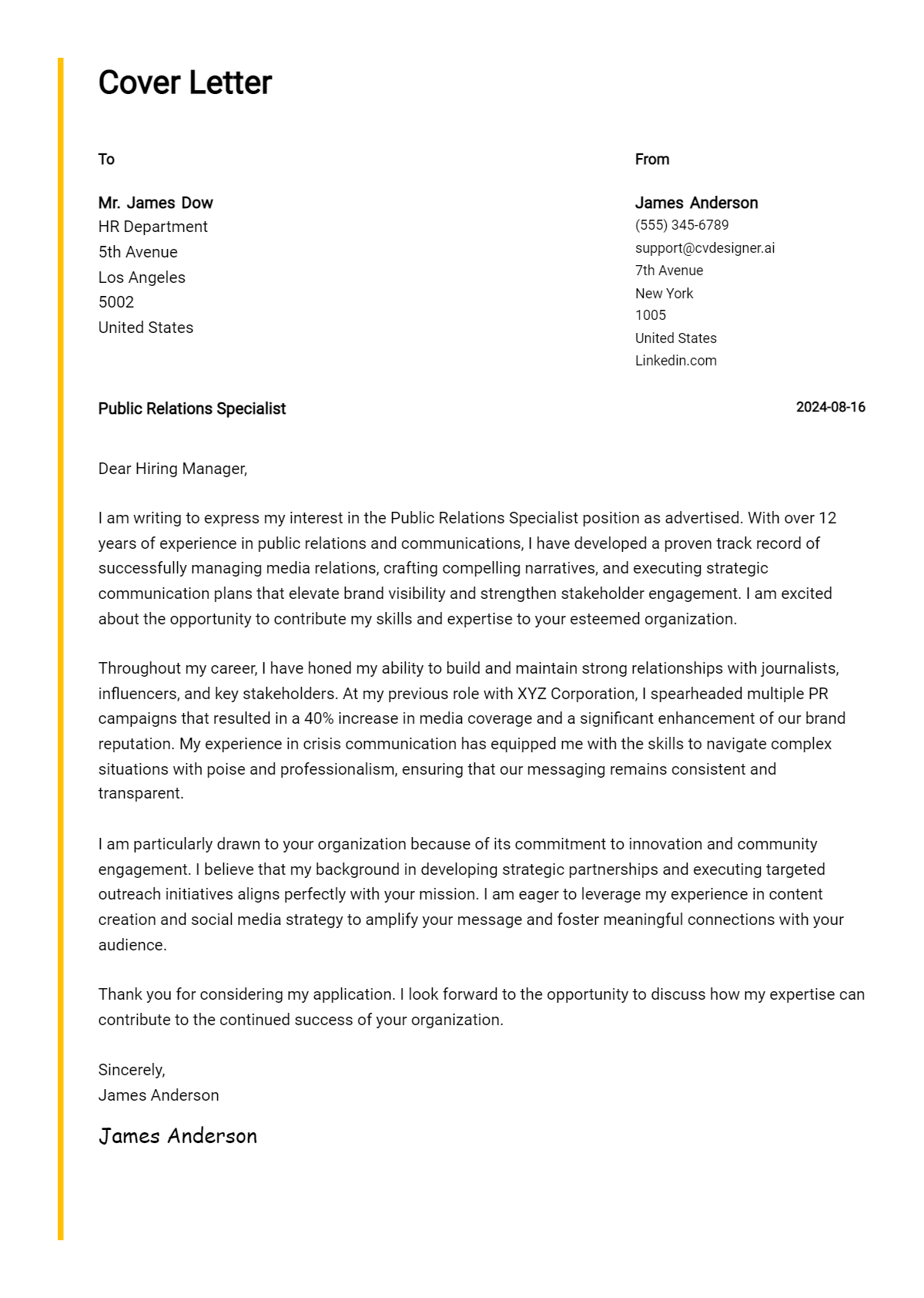 Public Relations Specialist Cover Letter Example for 2026 (Complete Writing Guide) Preview