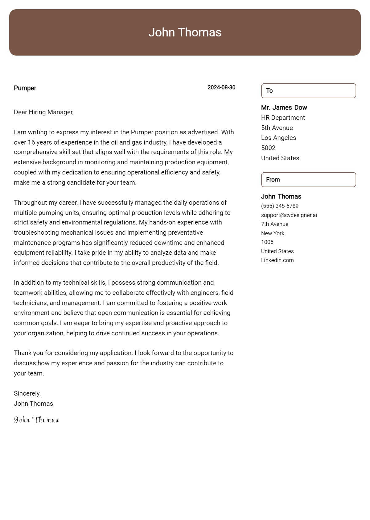 Pumper Cover Letter Example for 2026: Top CV Skills Preview