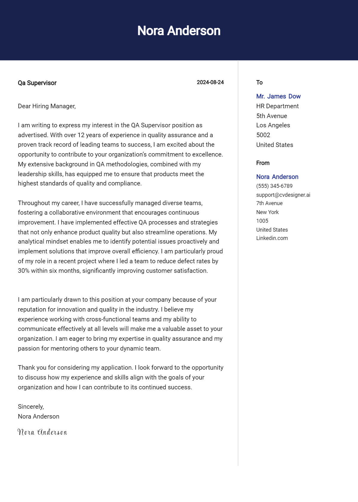 QA Supervisor Cover Letter Example for 2026 (Free Templates) Preview