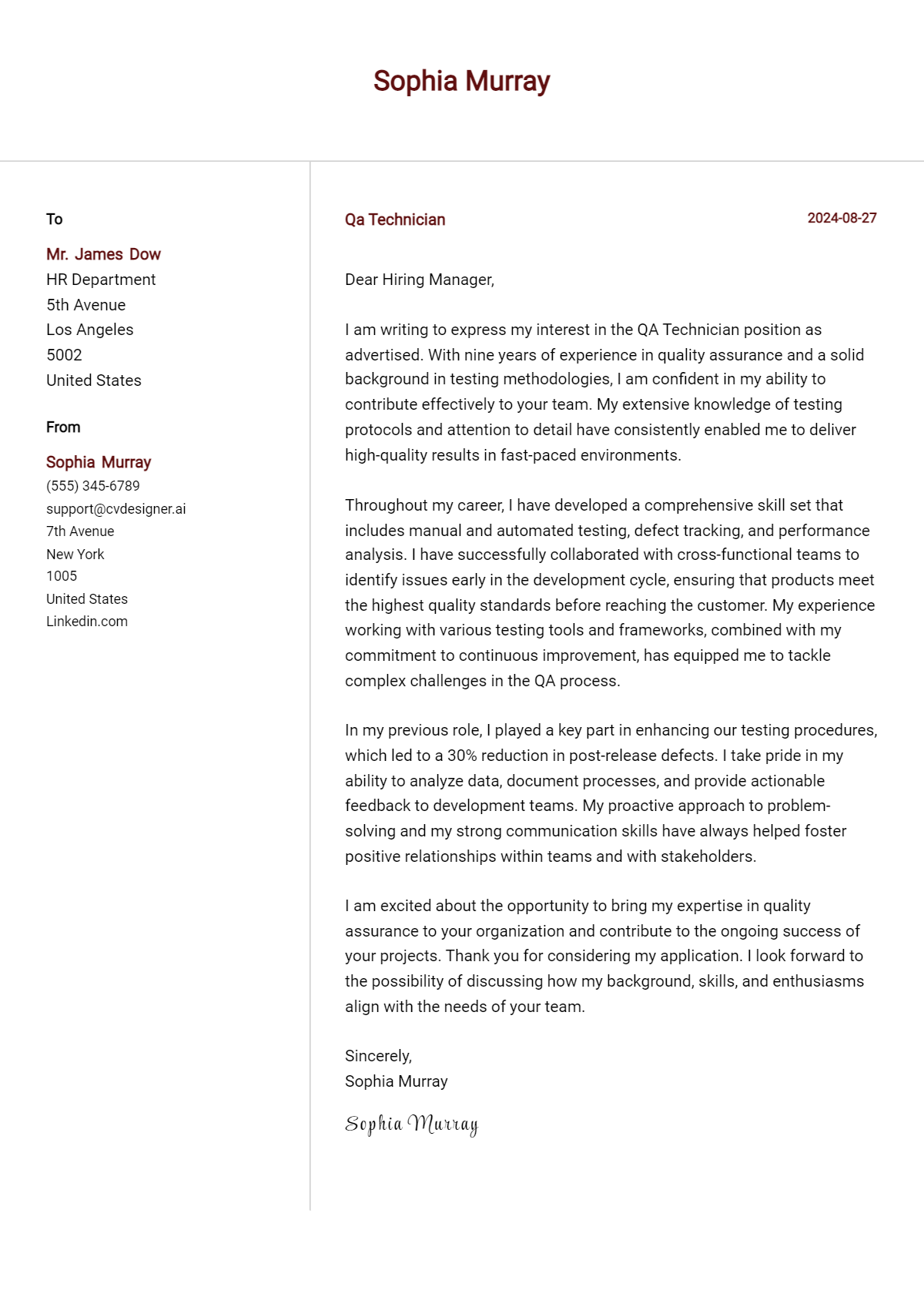 QA Technician Cover Letter Example for 2026: Ultimate Guide Preview