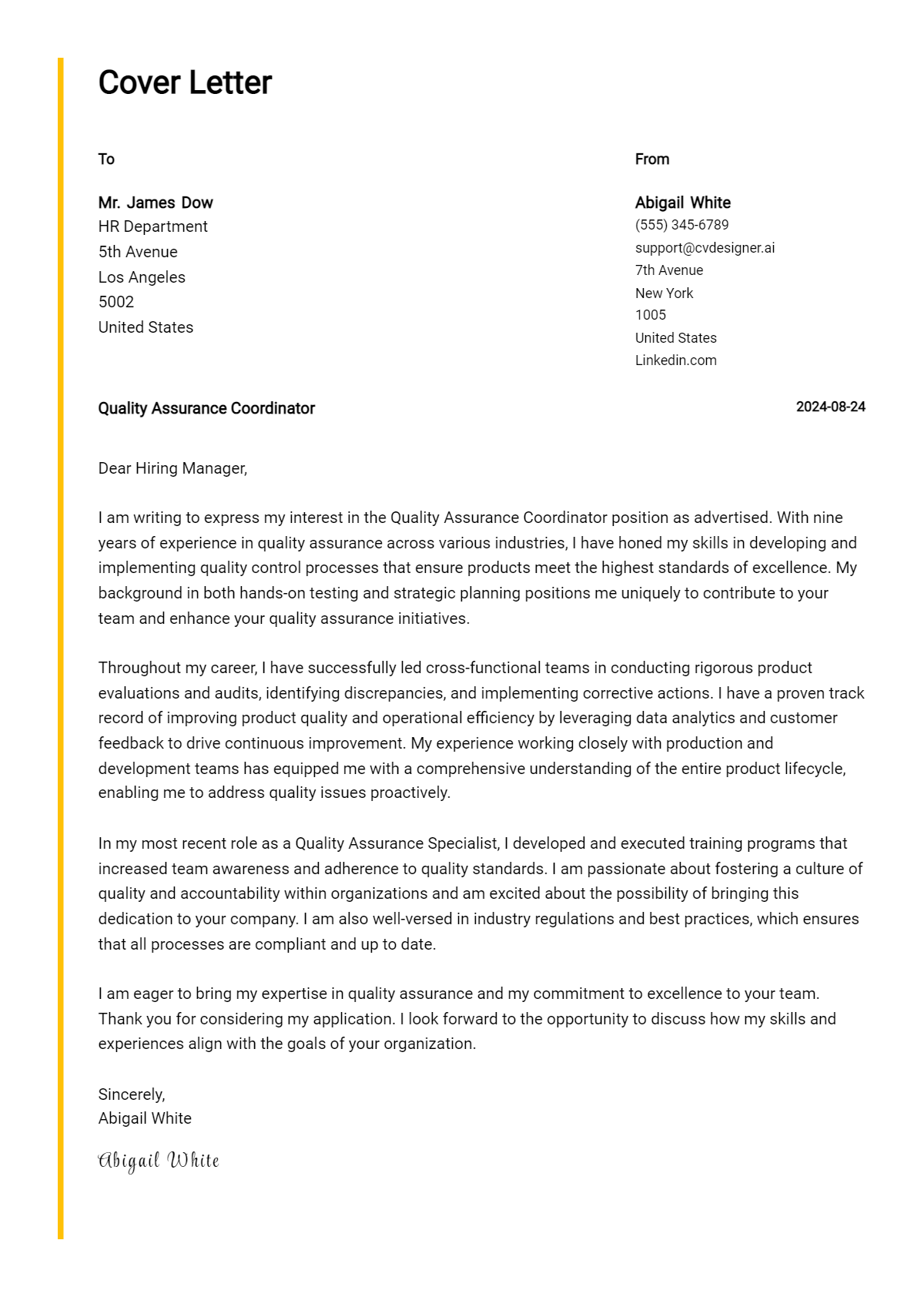 Quality Assurance Coordinator Cover Letter Samples & Examples 2026 Preview