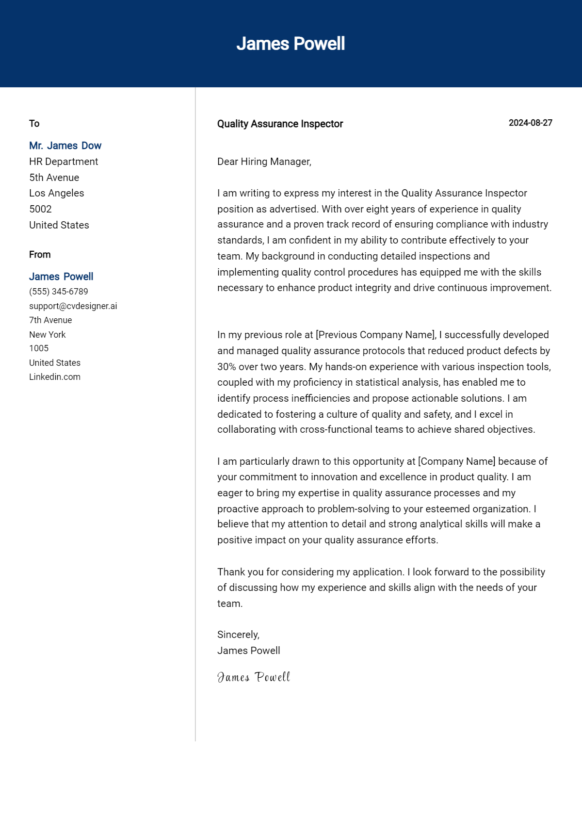 Quality Assurance Inspector Cover Letter Example for 2026: Top CV Skills Preview