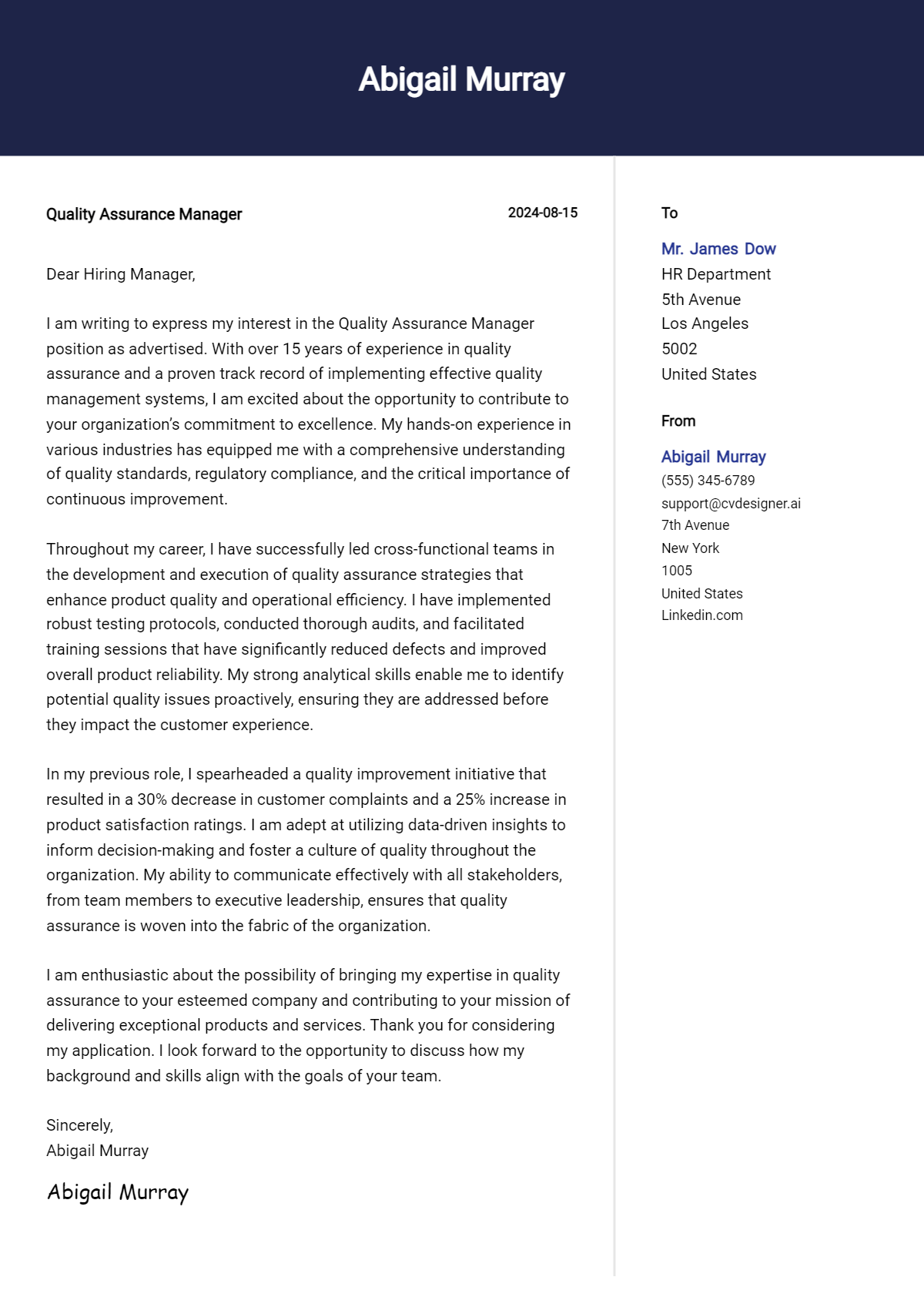 Quality Assurance Manager Cover Letter Example for 2026: Proven Tips Preview
