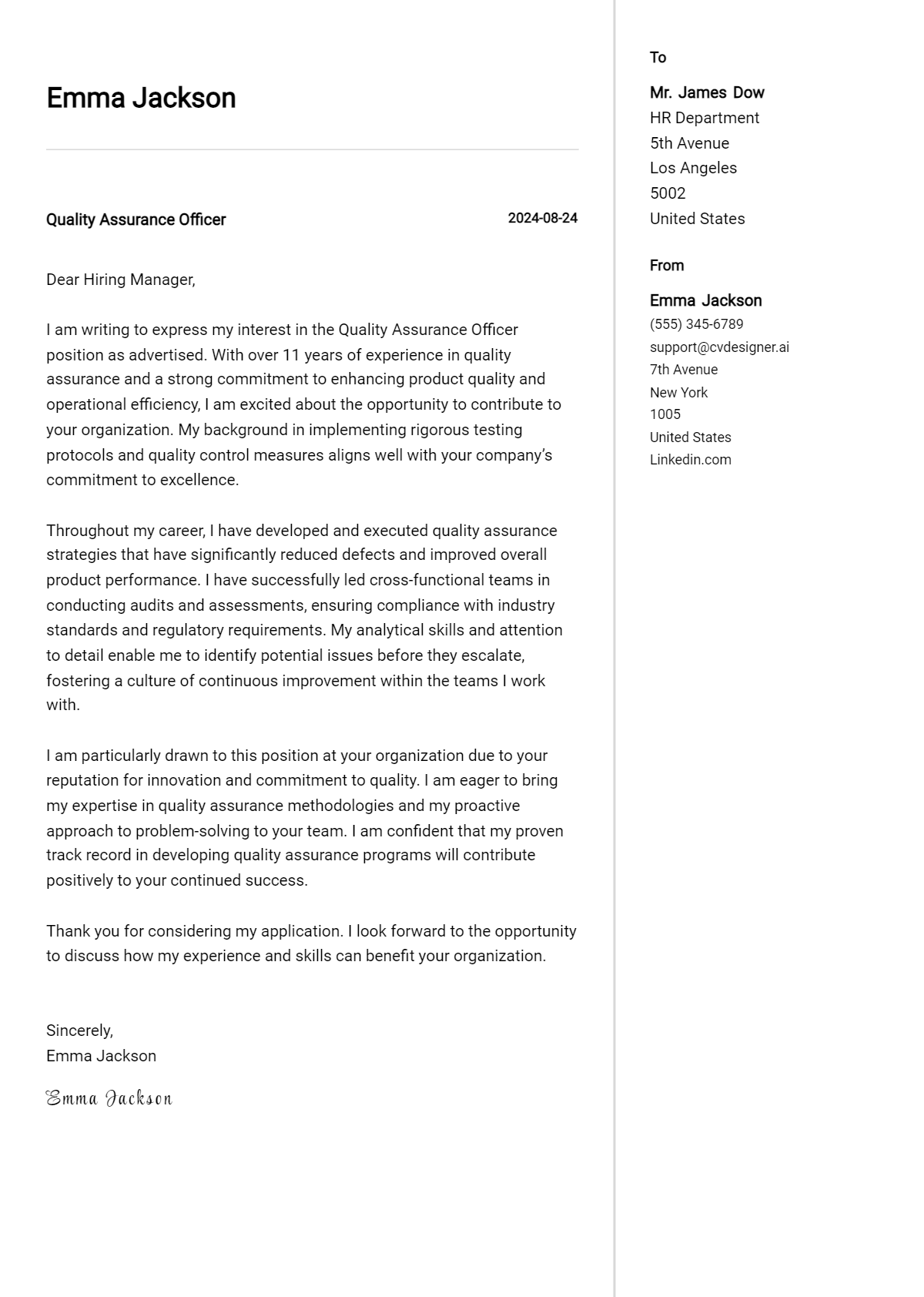 Quality Assurance Officer Cover Letter Examples for 2026 (Downloadable) Preview