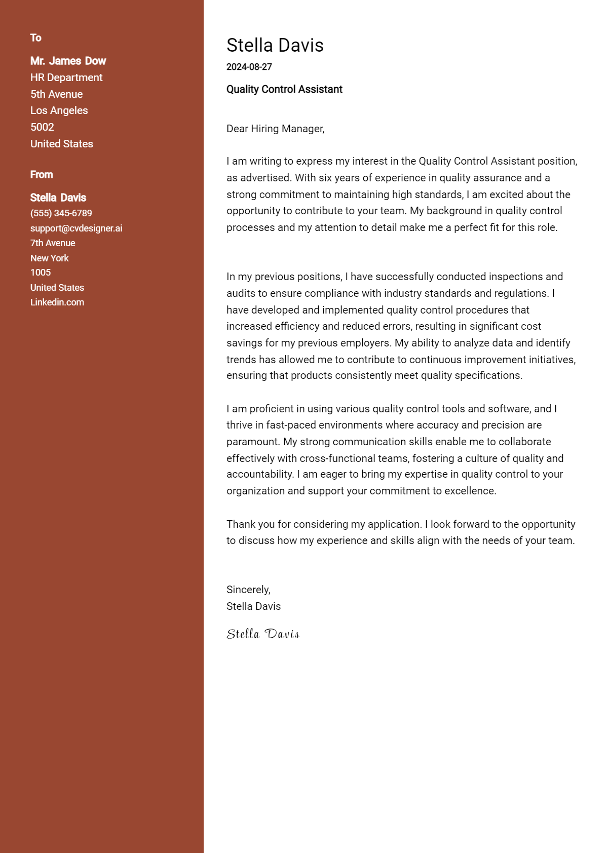 Quality Control Assistant Cover Letter Examples & Samples for 2026 Preview
