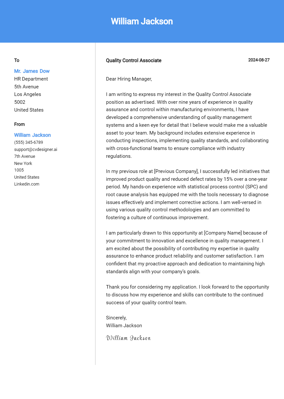 Quality Control Associate Cover Letter Examples for 2026 (Downloadable) Preview