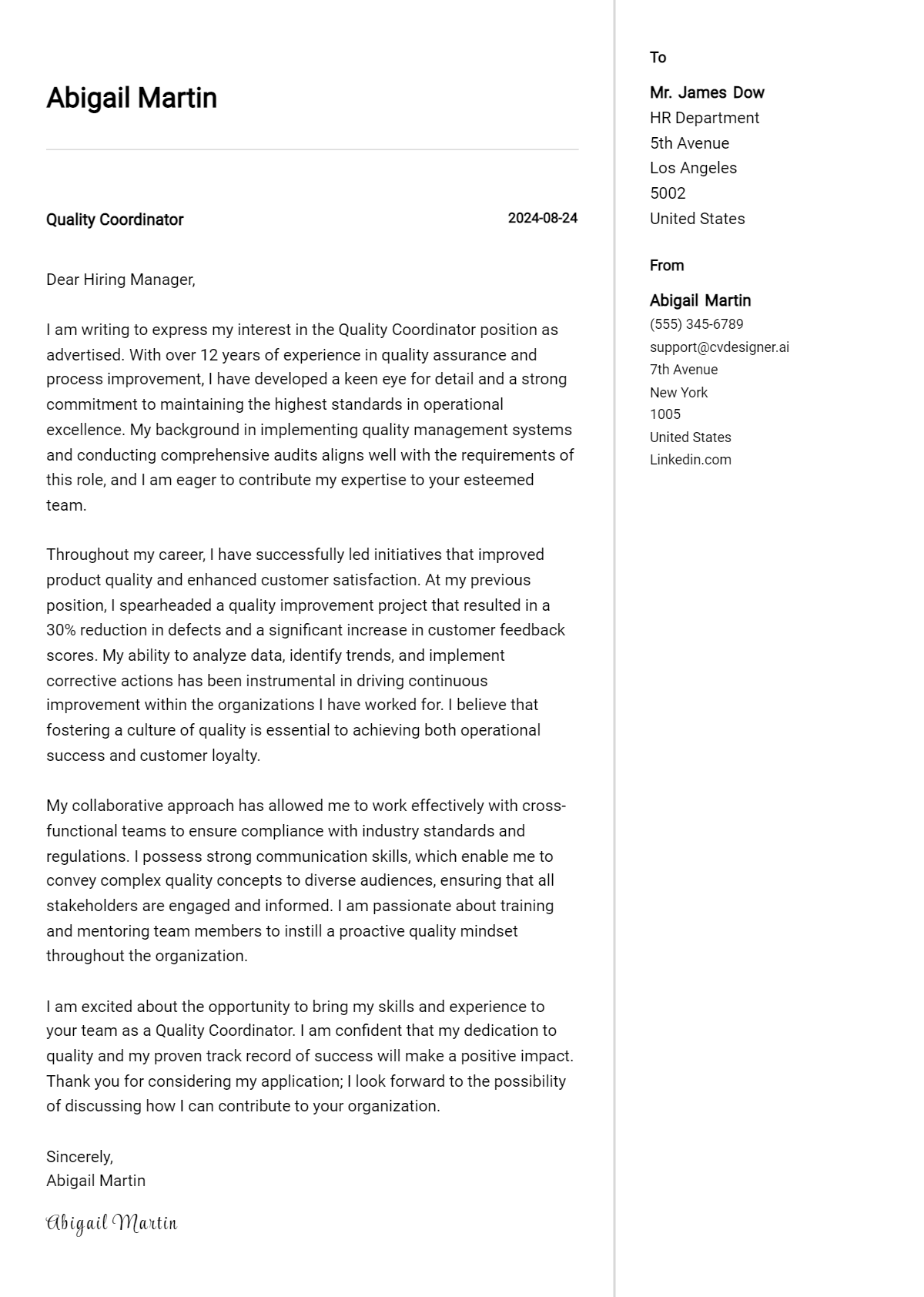 Quality Coordinator Cover Letter Example for 2026 (Free Templates) Preview