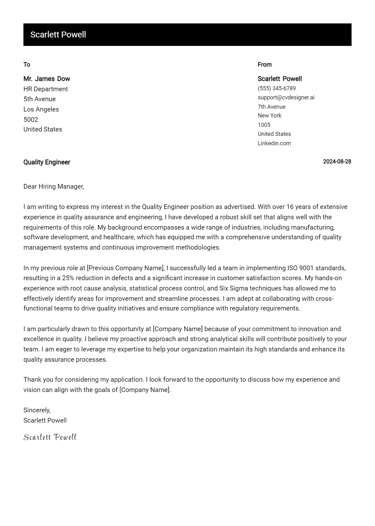 Quality Engineer Cover Letter Example for 2026 (Complete Writing Guide) Preview