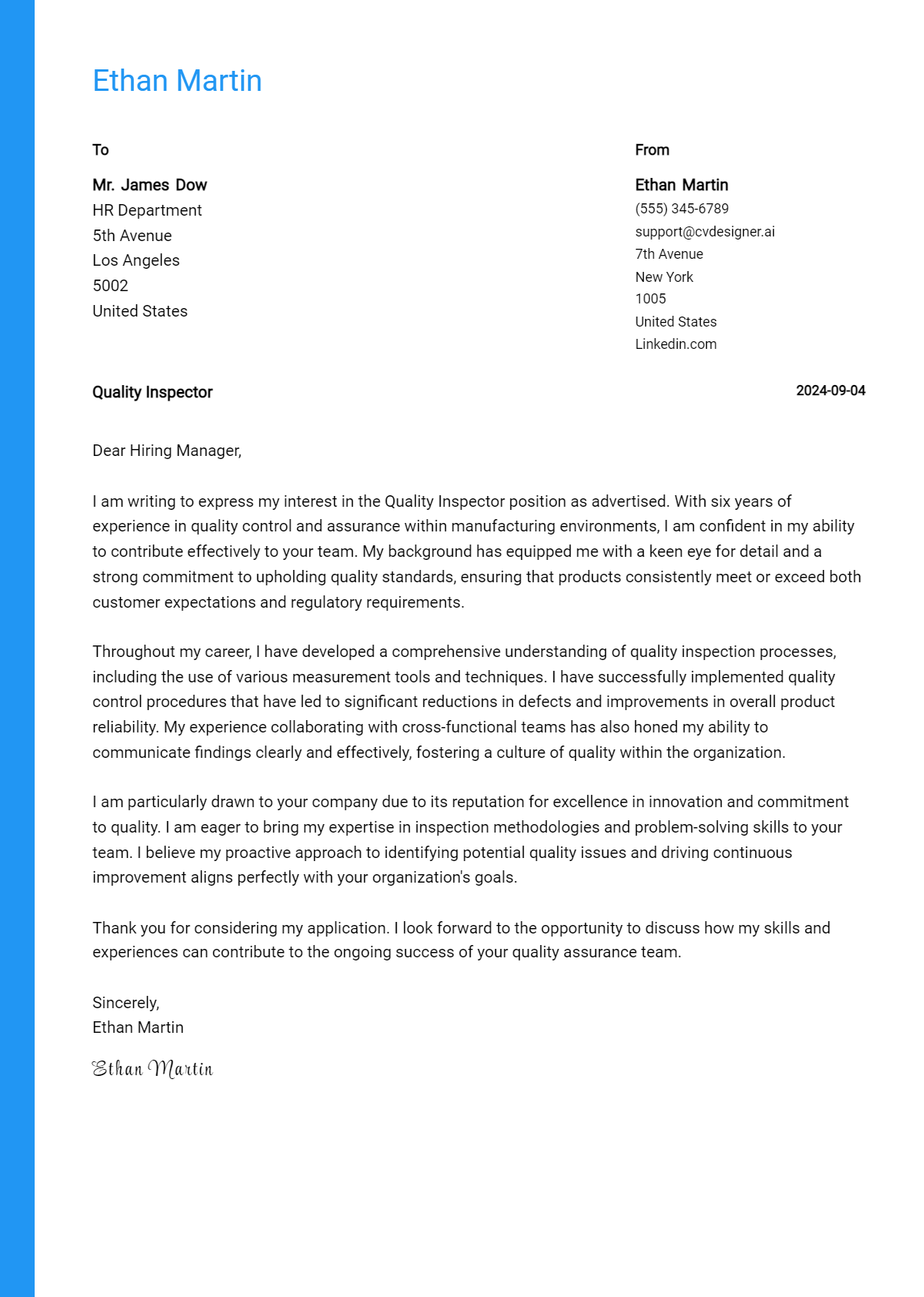 Quality Inspector Cover Letter Example for 2026: Top CV Skills Preview