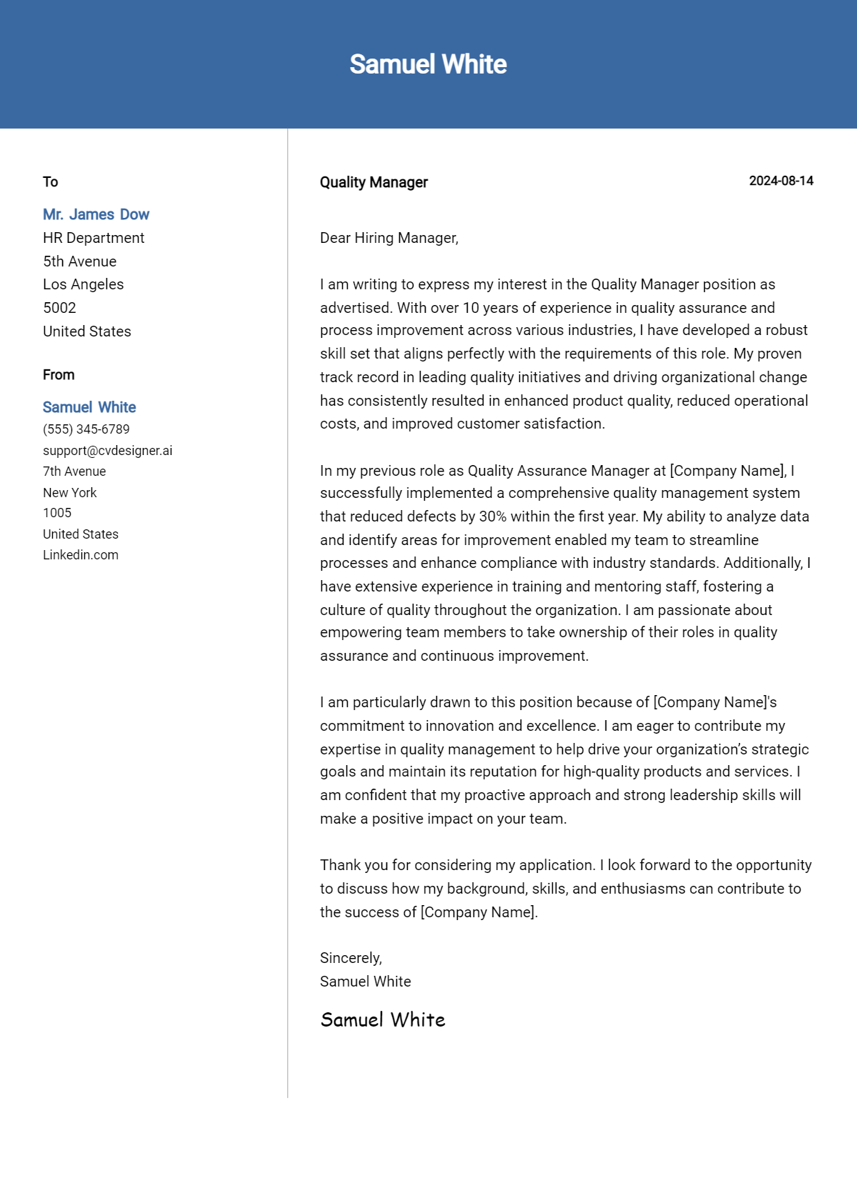 Quality Manager Cover Letter Example for 2026: Proven Tips Preview