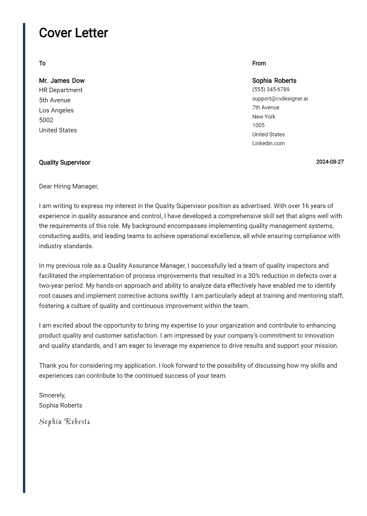16 Quality Supervisor Cover Letter Examples and Templates for 2026 Preview