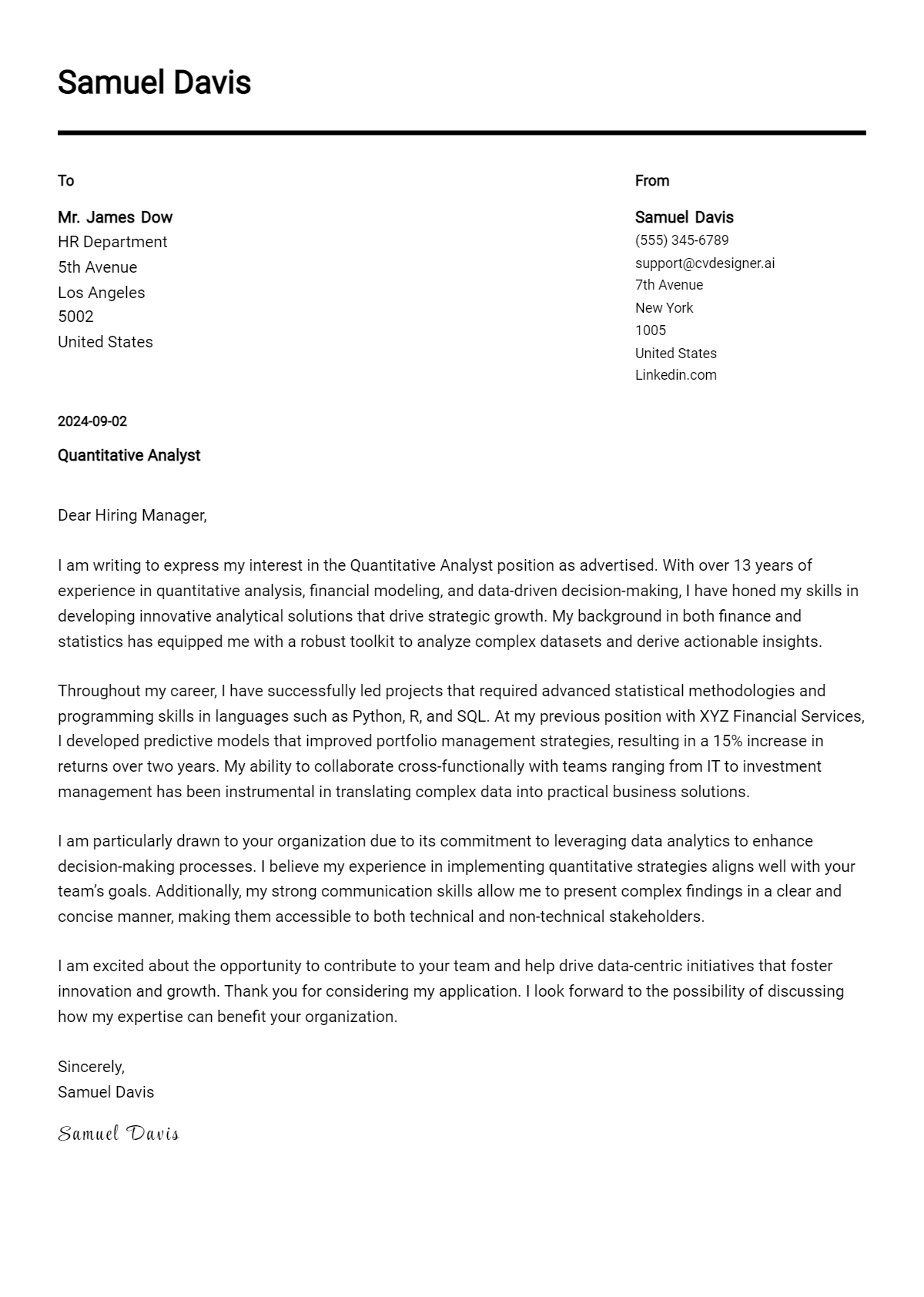 Quantitative Analyst Cover Letter Example for 2026 (Download Templates) Preview