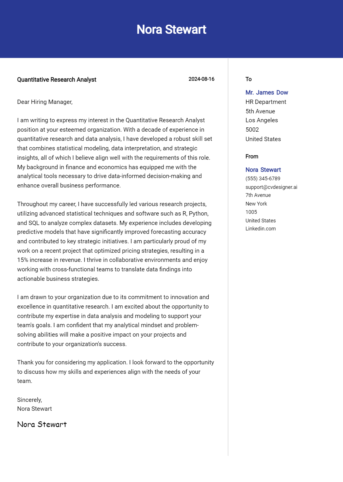 Quantitative Research Analyst Cover Letter Example for 2026: Top CV Skills Preview
