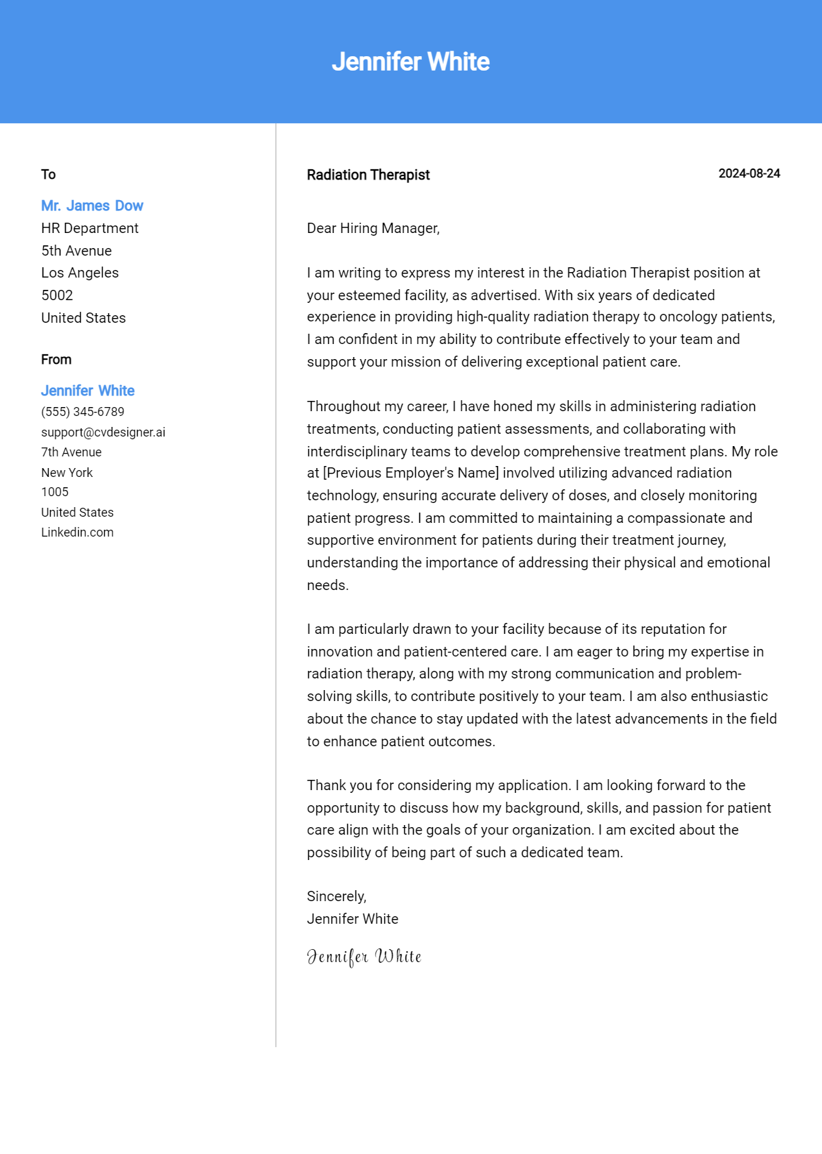 Radiation Therapist Cover Letter Example for 2026: Tips & Templates Preview