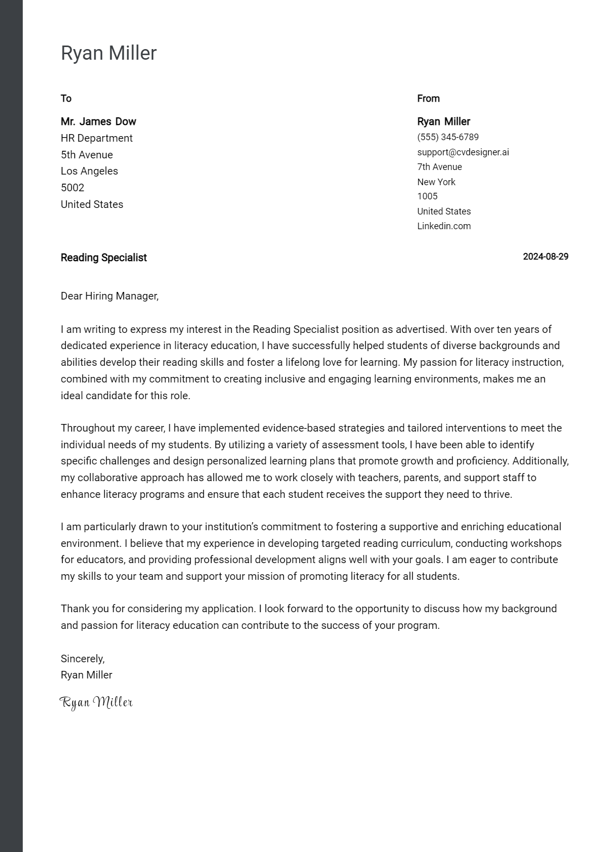 Reading Specialist Cover Letter Examples for 2026 (Downloadable) Preview