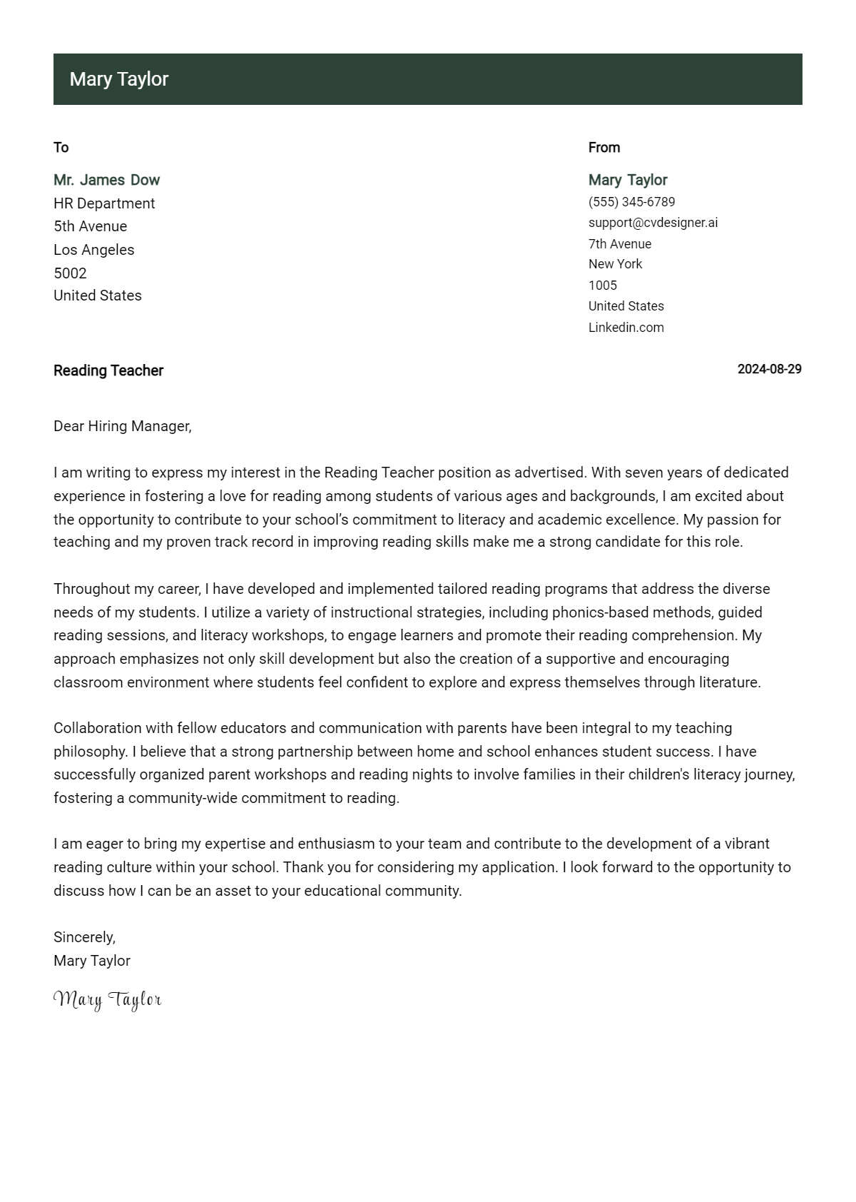 Reading Teacher Cover Letter Example for 2026: Free Templates Preview