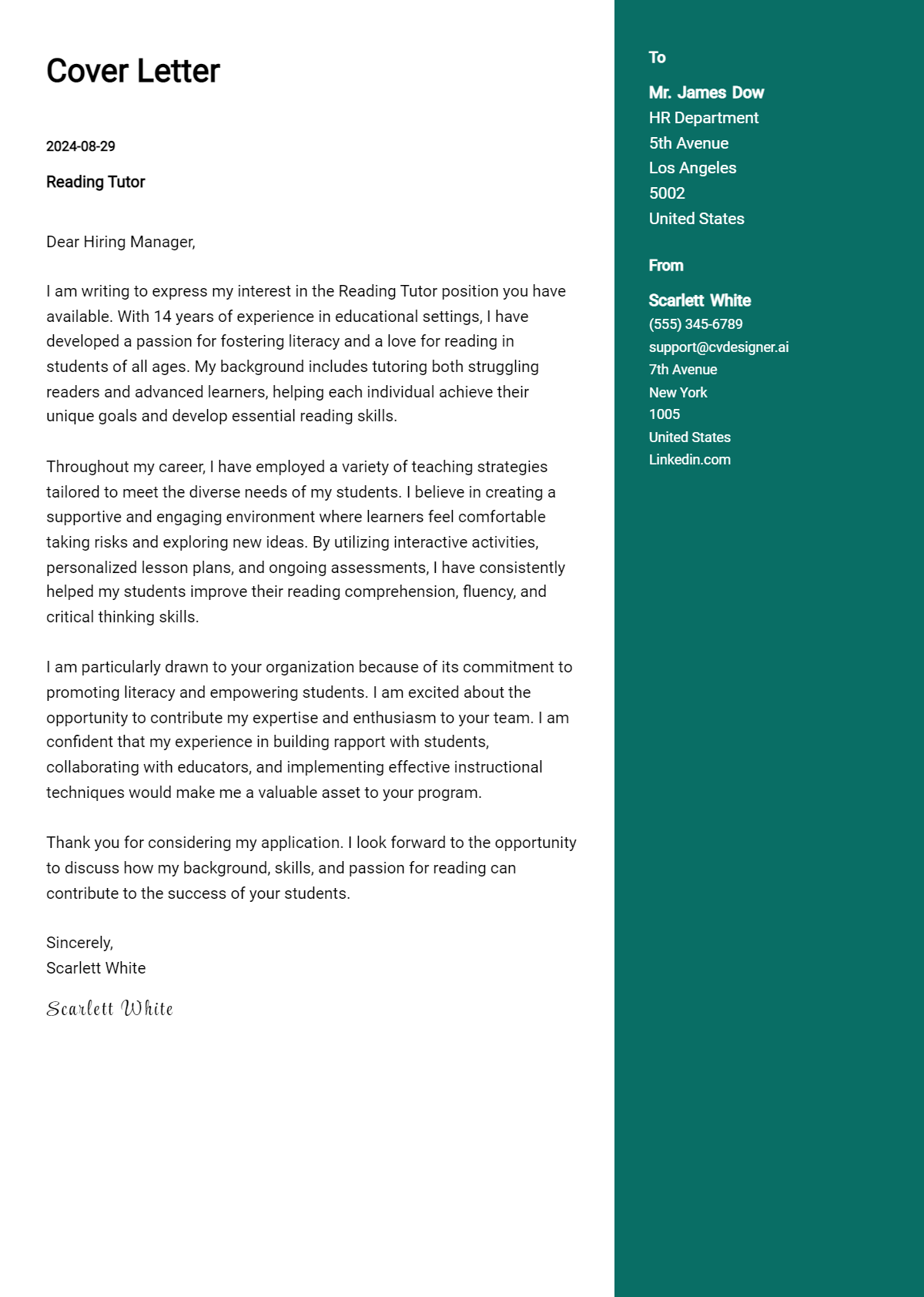 Reading Tutor Cover Letter Example for 2026: Top CV Skills Preview