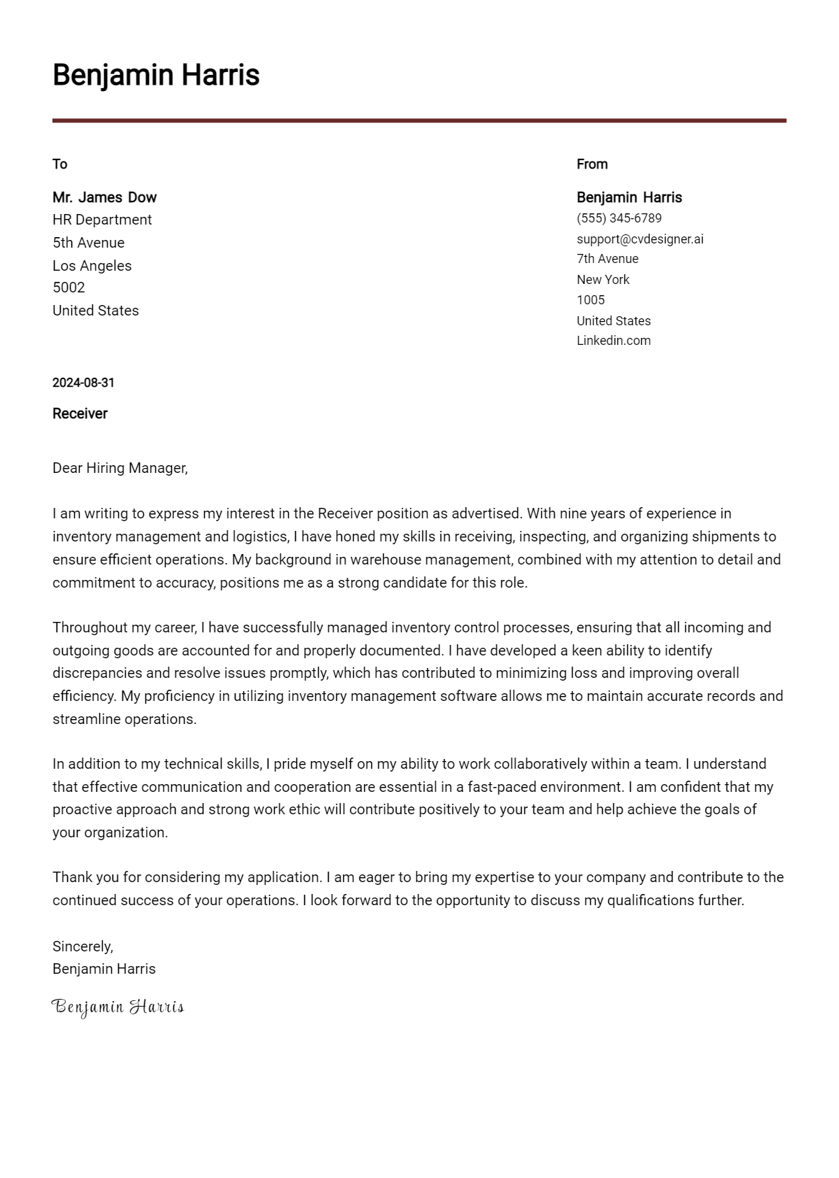 Receiver Cover Letter Example for 2026 (Download Templates) Preview