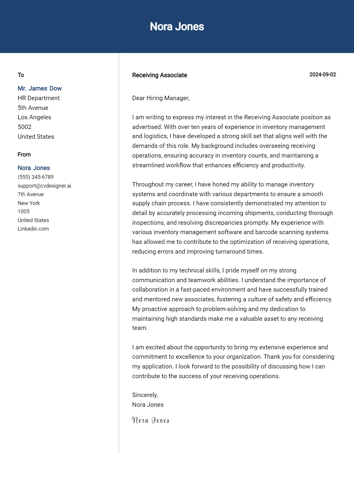 Receiving Associate Cover Letter Example for 2026 (Download Templates) Preview